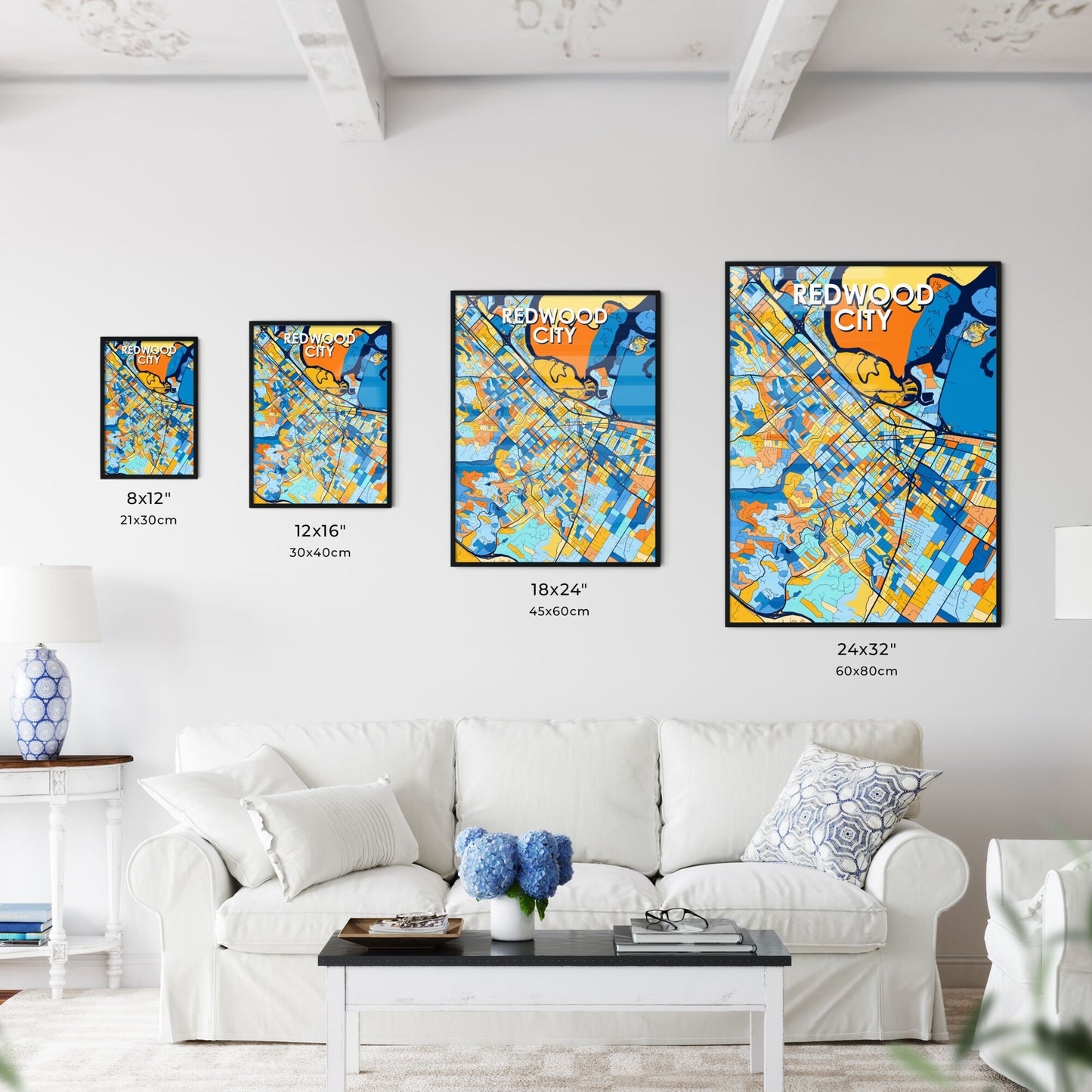 REDWOOD CITY CALIFORNIA Vibrant Colorful Art Map Poster Blue Orange