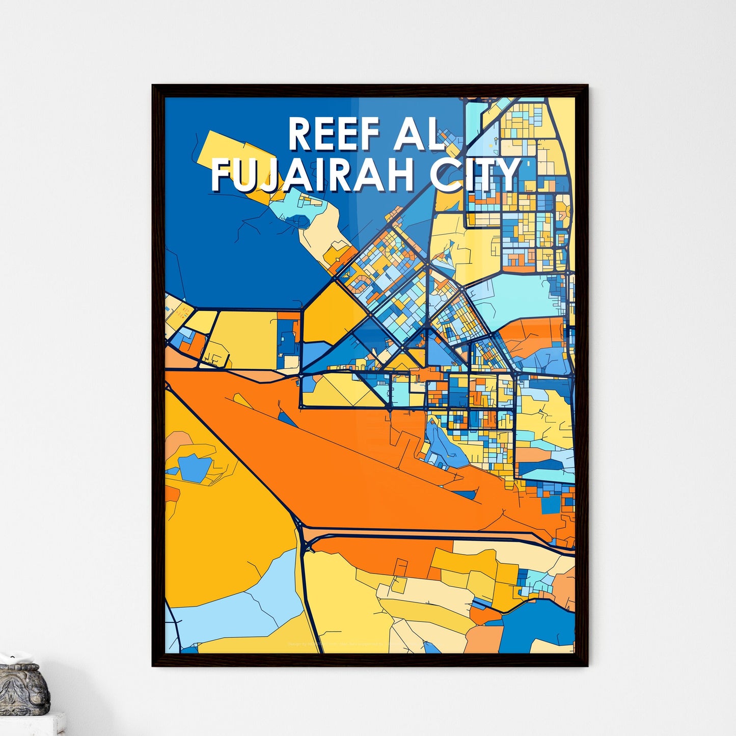 REEF AL FUJAIRAH CITY UNITED ARAB EMIRATES Vibrant Colorful Art Map Poster Blue Orange