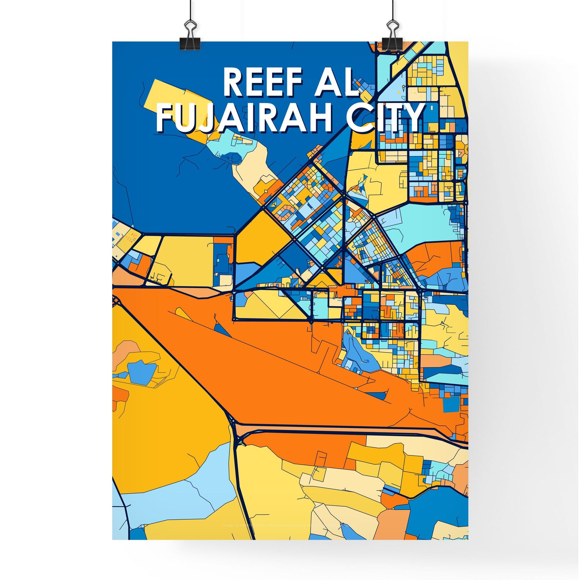 REEF AL FUJAIRAH CITY UNITED ARAB EMIRATES Vibrant Colorful Art Map Poster Blue Orange