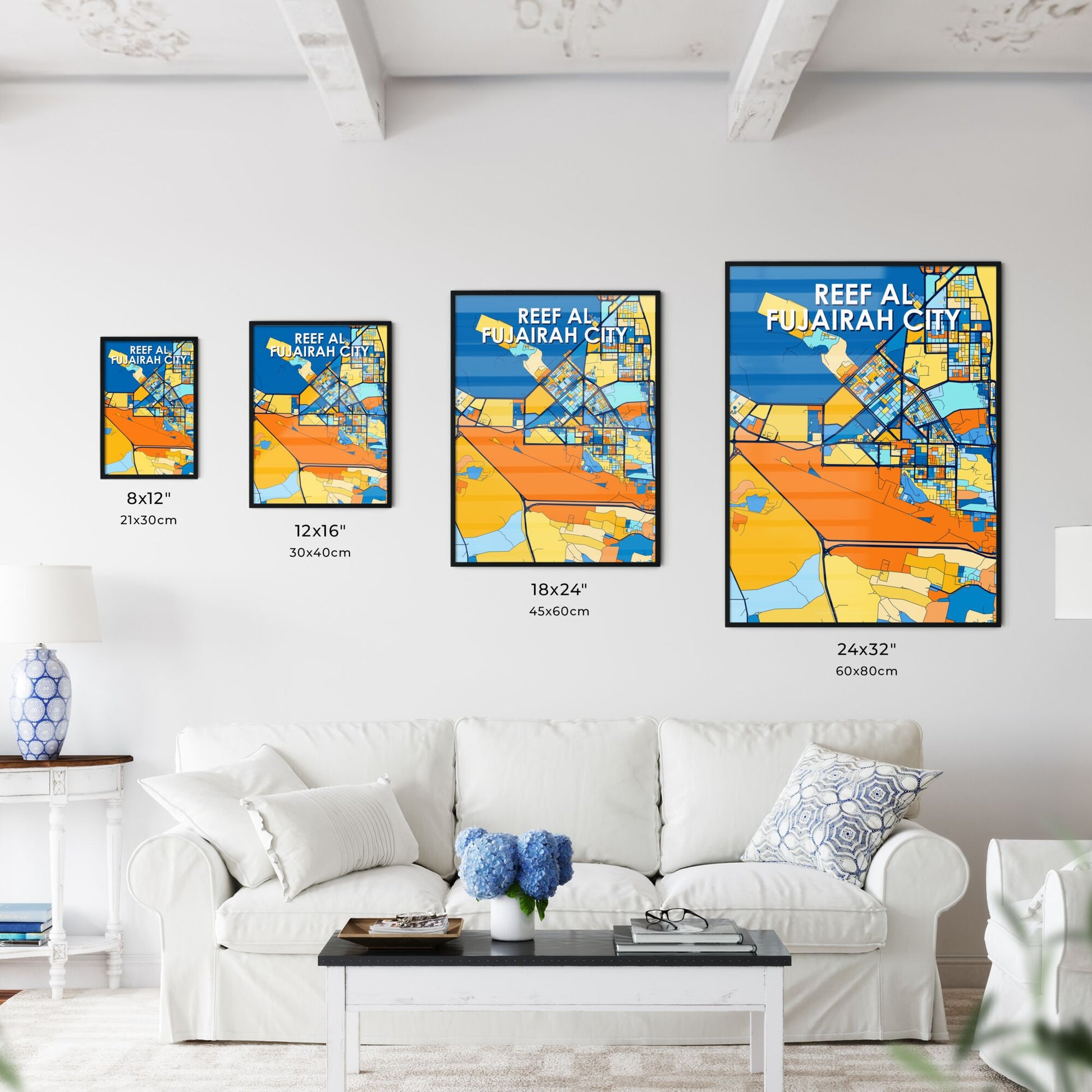 REEF AL FUJAIRAH CITY UNITED ARAB EMIRATES Vibrant Colorful Art Map Poster Blue Orange