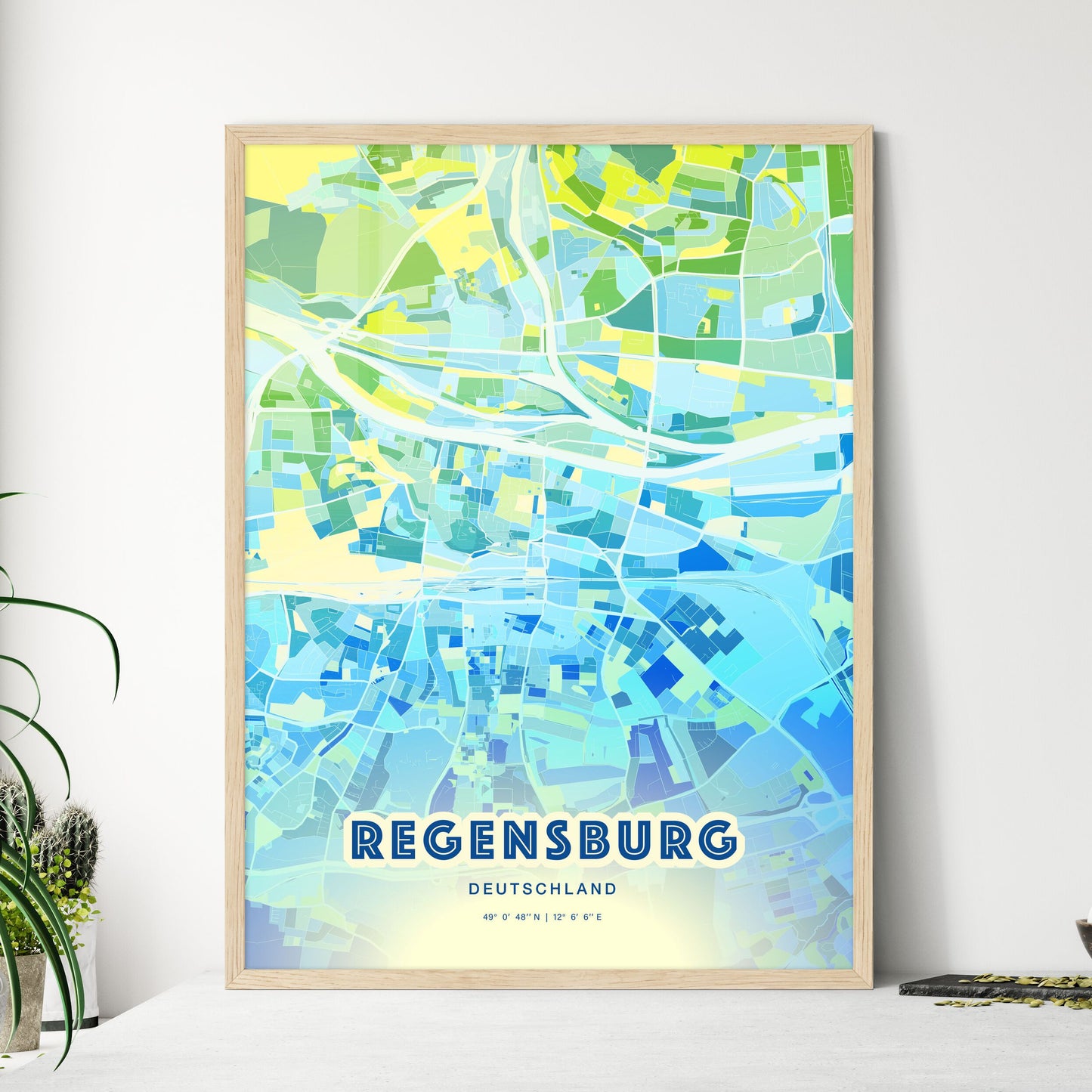 Colorful Regensburg Germany Fine Art Map Cool Blue