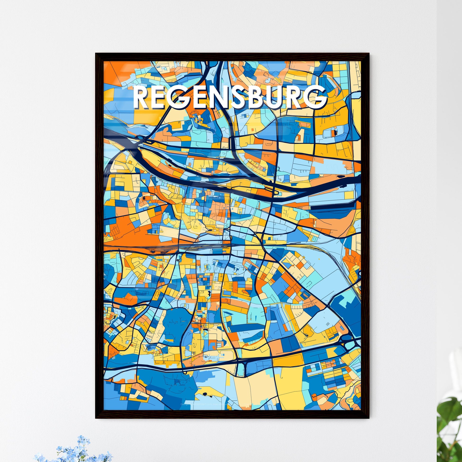 REGENSBURG GERMANY Vibrant Colorful Art Map Poster Blue Orange