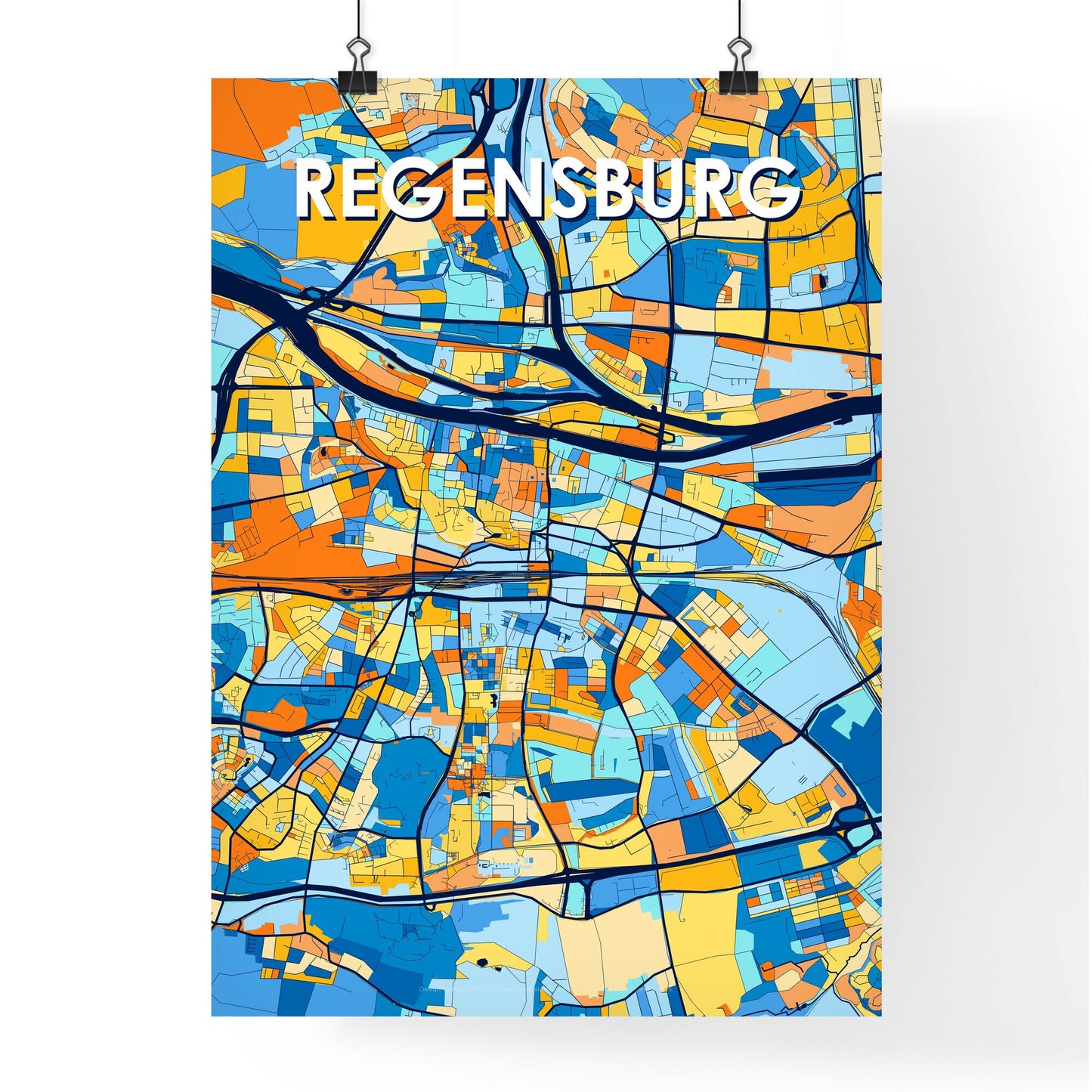 REGENSBURG GERMANY Vibrant Colorful Art Map Poster Blue Orange