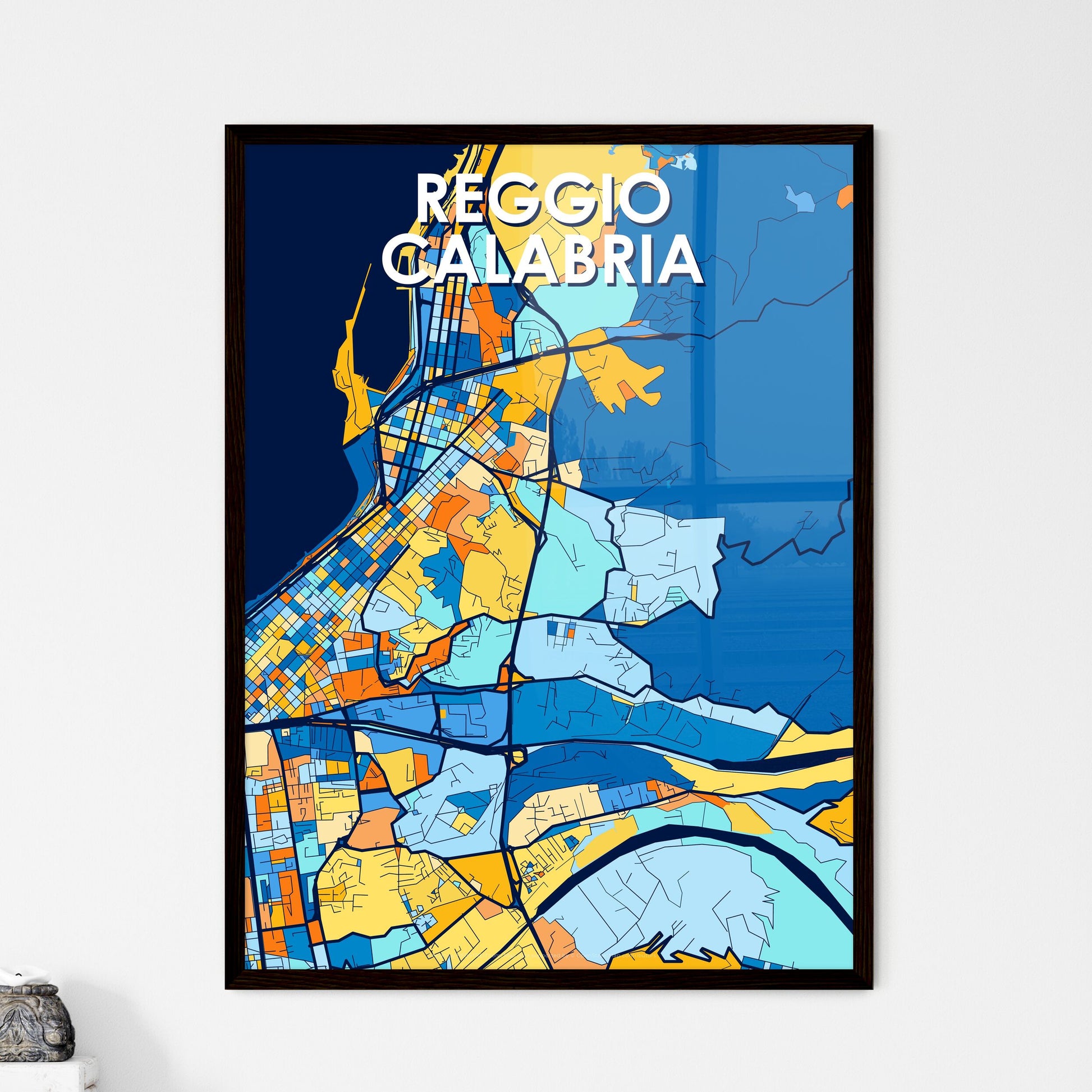 REGGIO CALABRIA ITALY Vibrant Colorful Art Map Poster Blue Orange