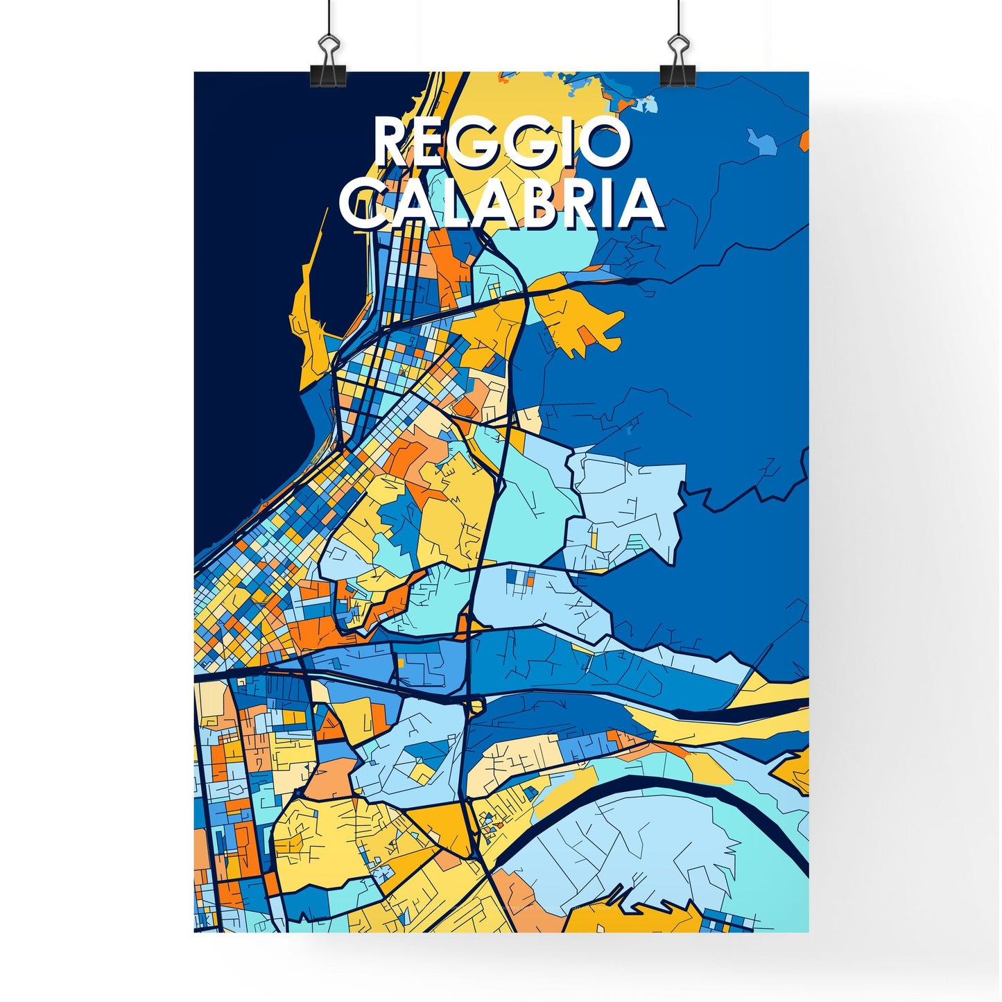 REGGIO CALABRIA ITALY Vibrant Colorful Art Map Poster Blue Orange