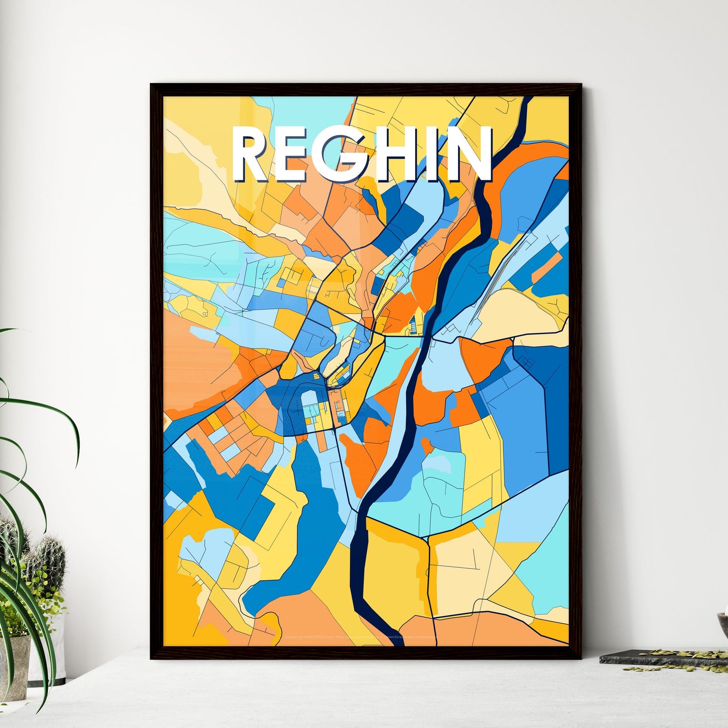 REGHIN ROMANIA Vibrant Colorful Art Map Poster Blue Orange