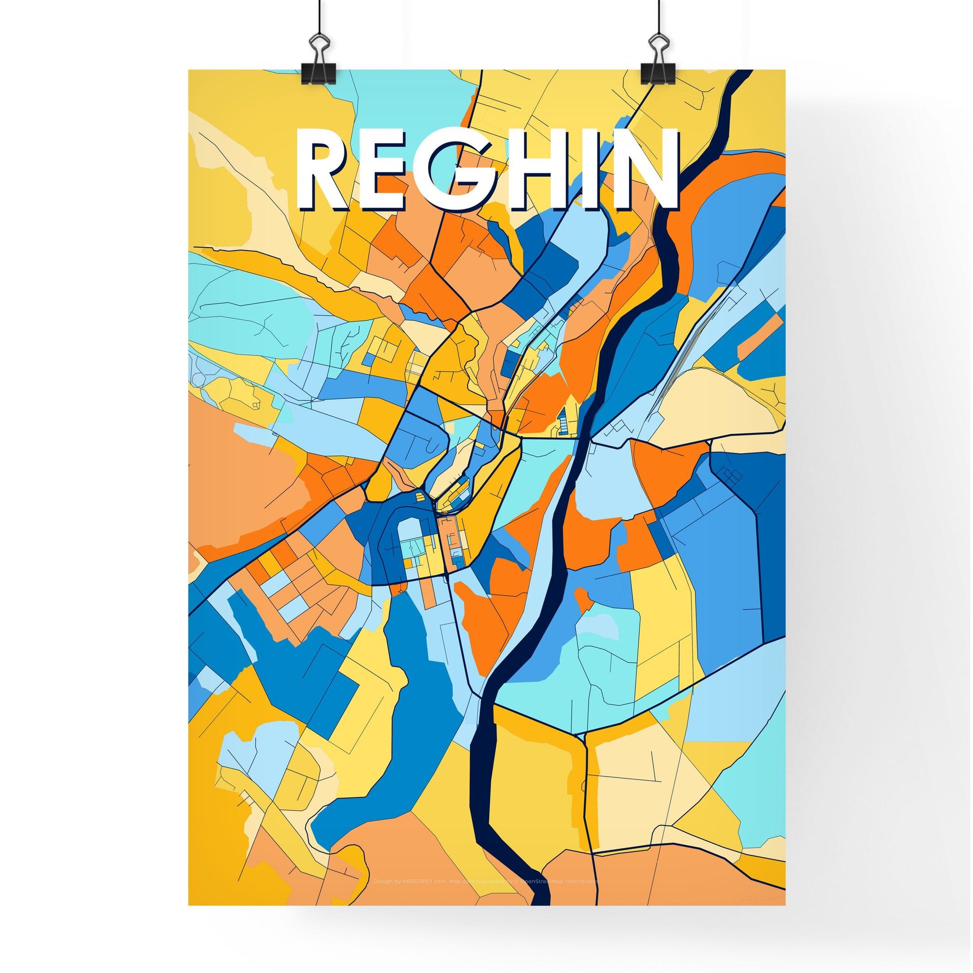 REGHIN ROMANIA Vibrant Colorful Art Map Poster Blue Orange