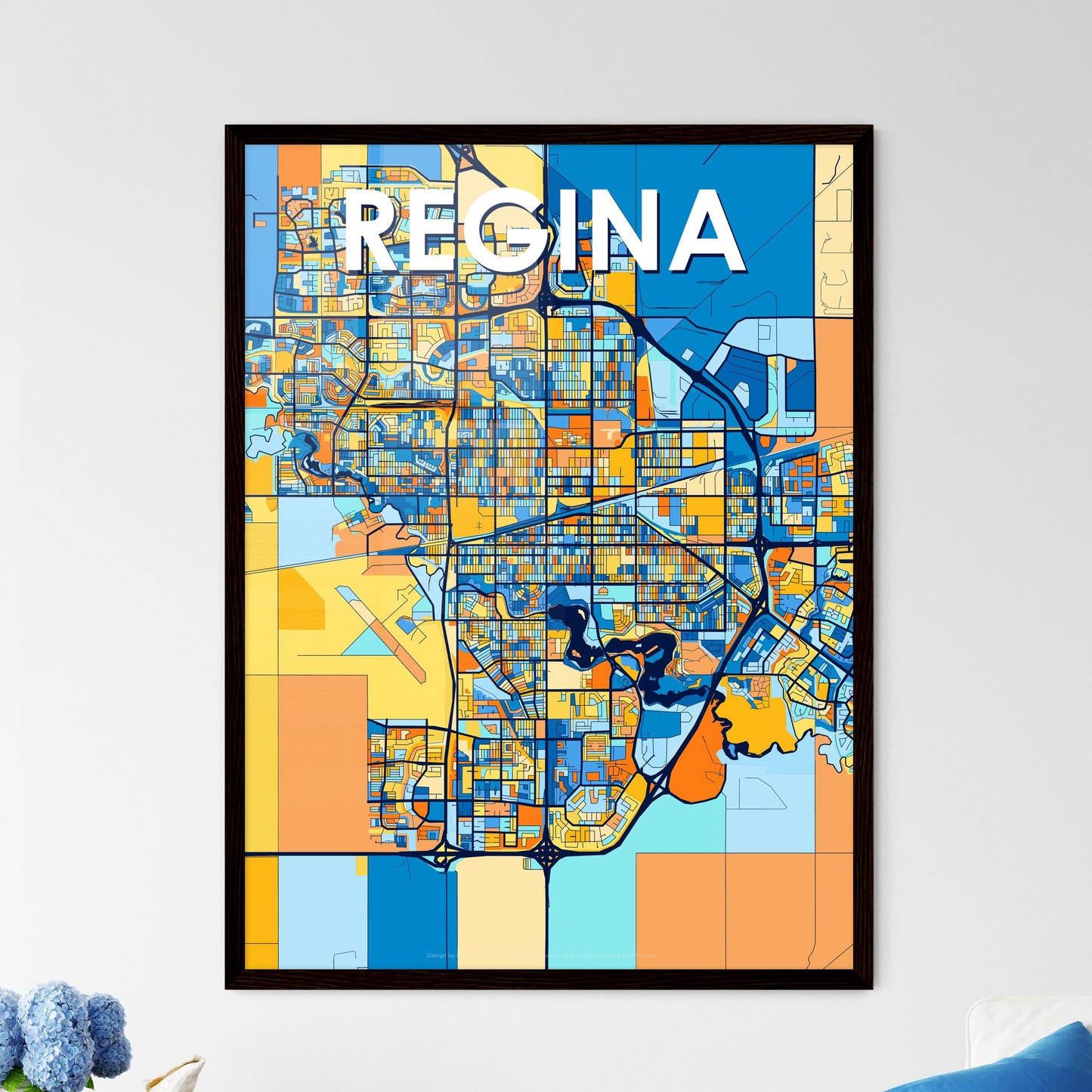 REGINA CANADA Vibrant Colorful Art Map Poster Blue Orange