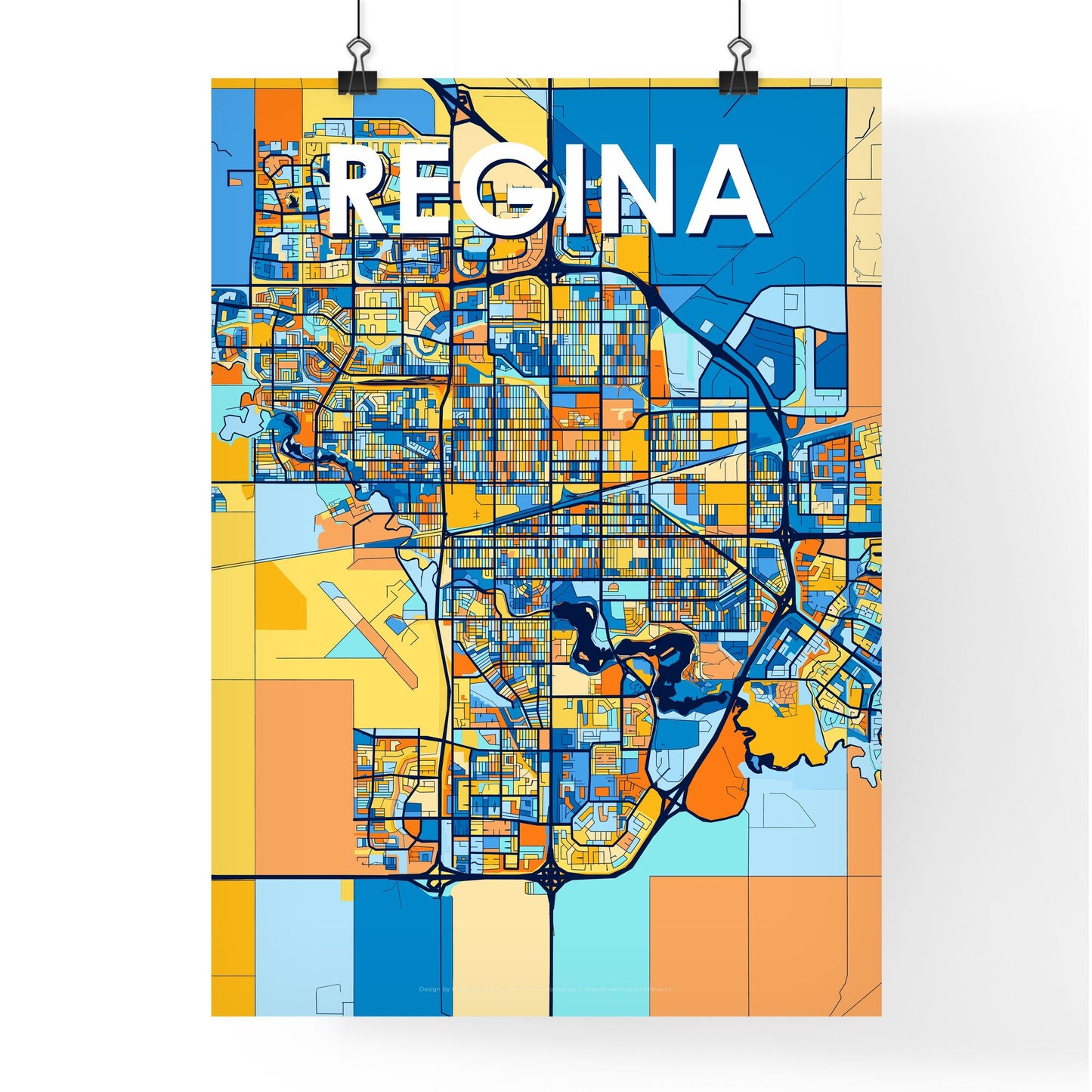 REGINA CANADA Vibrant Colorful Art Map Poster Blue Orange