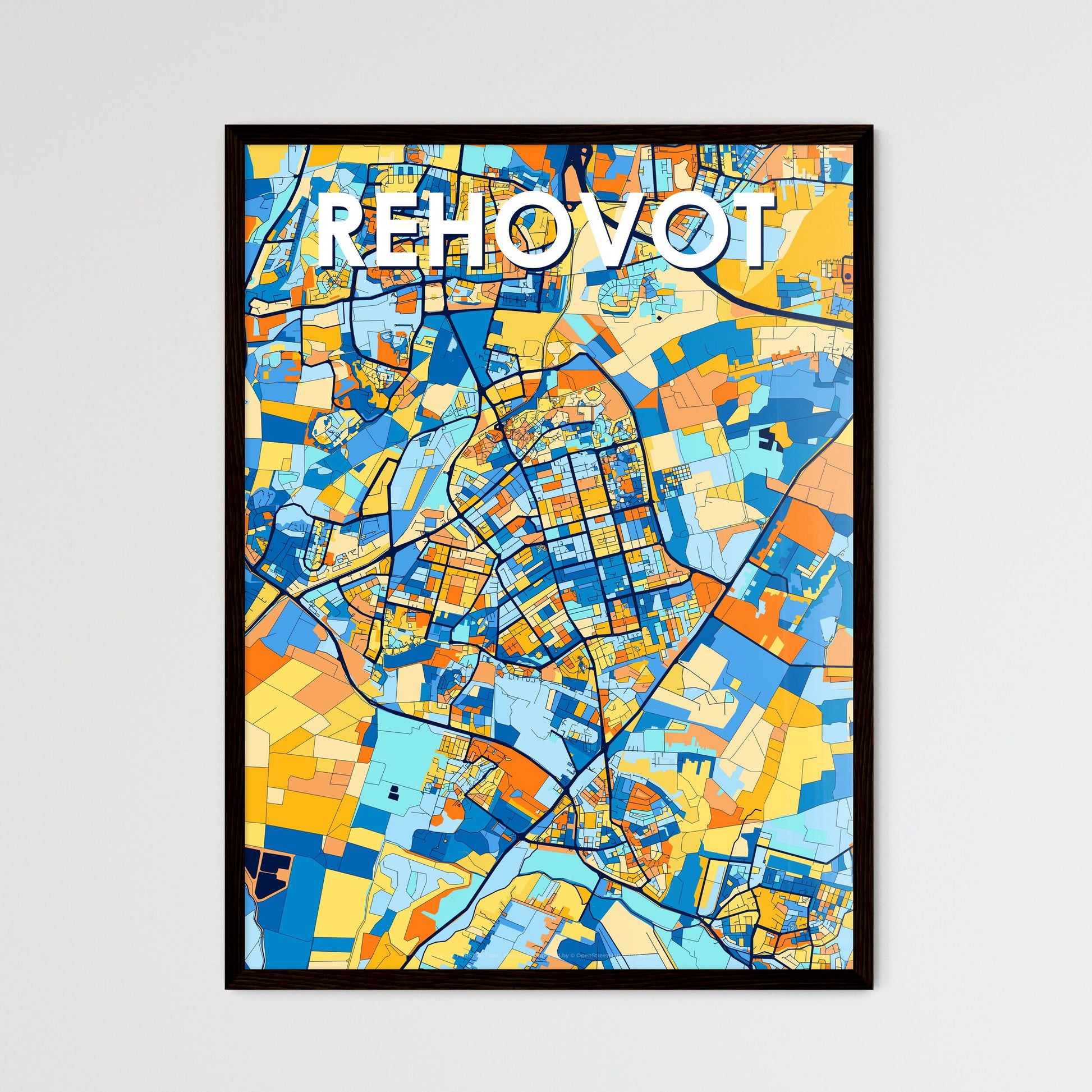 REHOVOT ISRAEL Vibrant Colorful Art Map Poster Blue Orange
