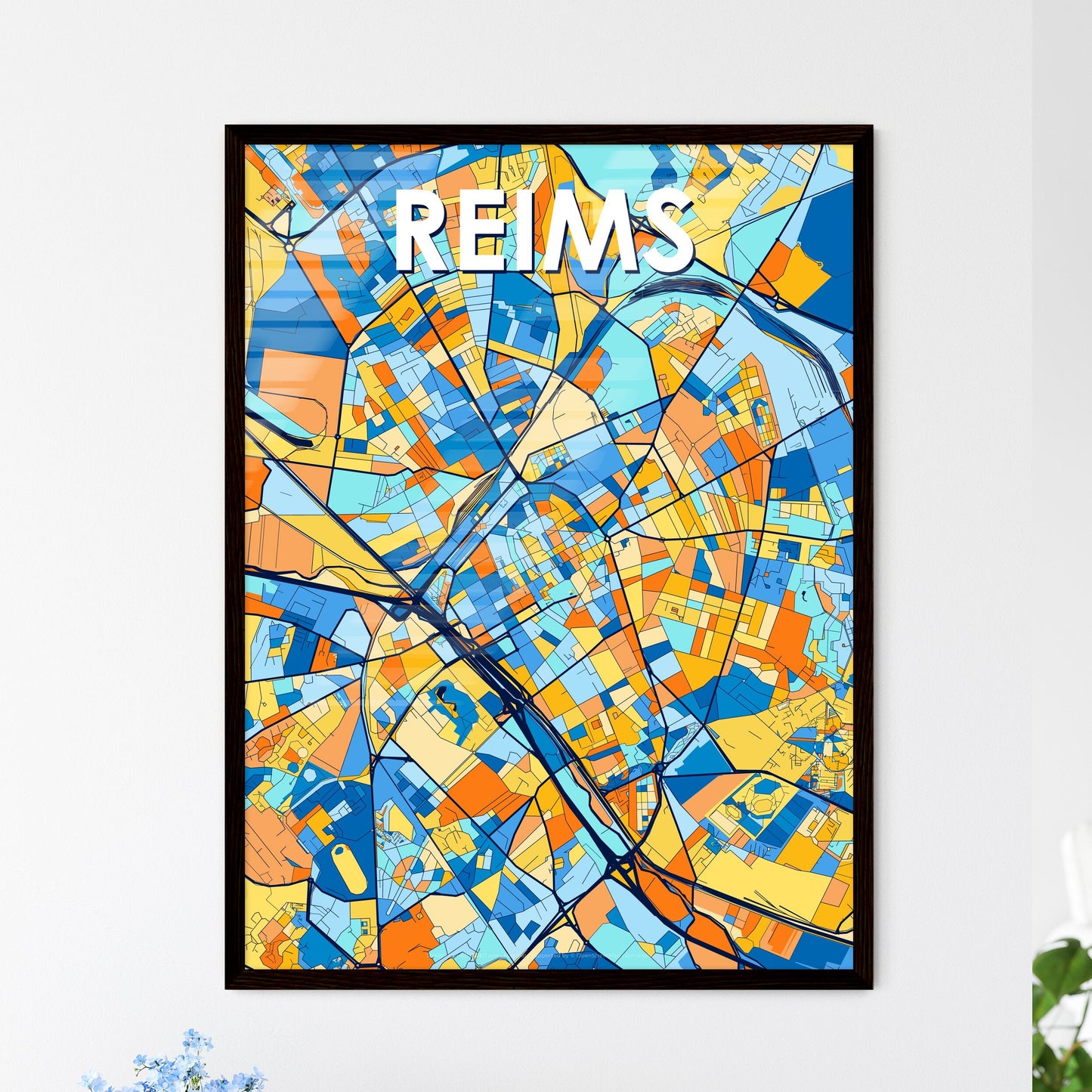 REIMS FRANCE Vibrant Colorful Art Map Poster Blue Orange