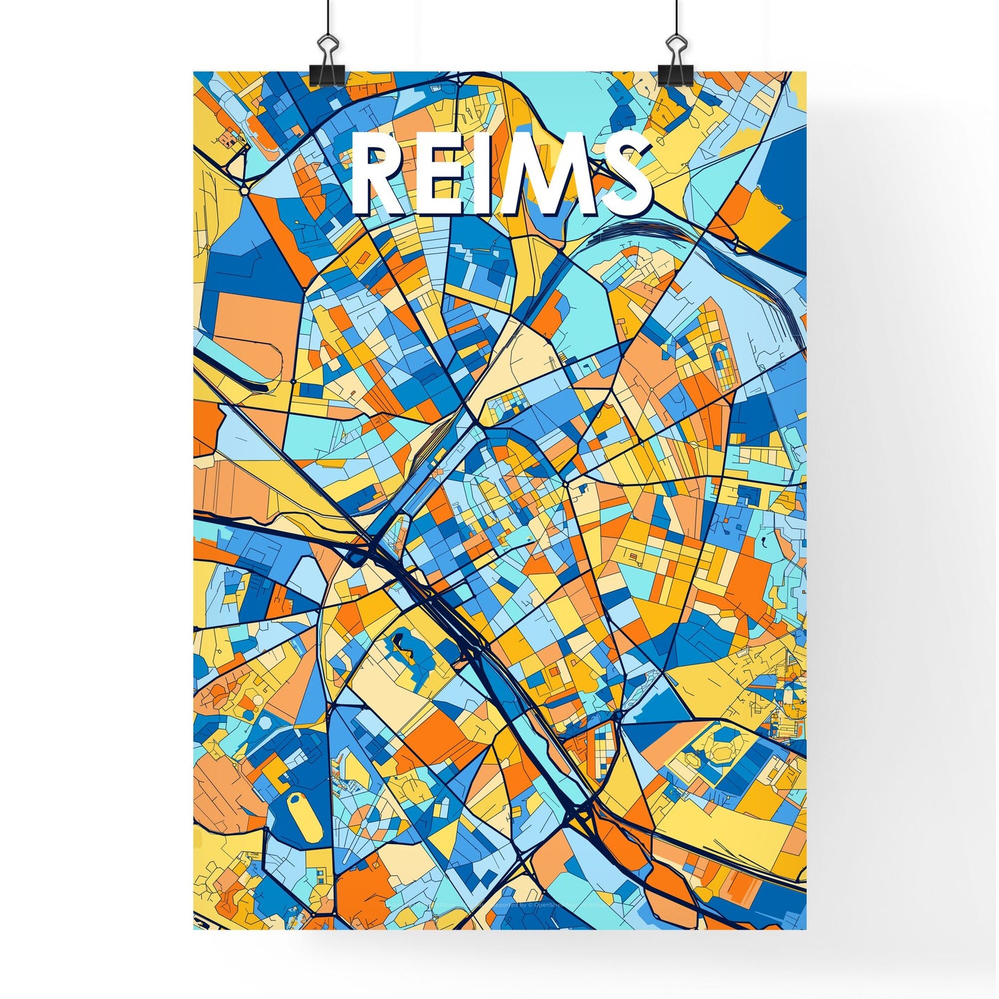 REIMS FRANCE Vibrant Colorful Art Map Poster Blue Orange