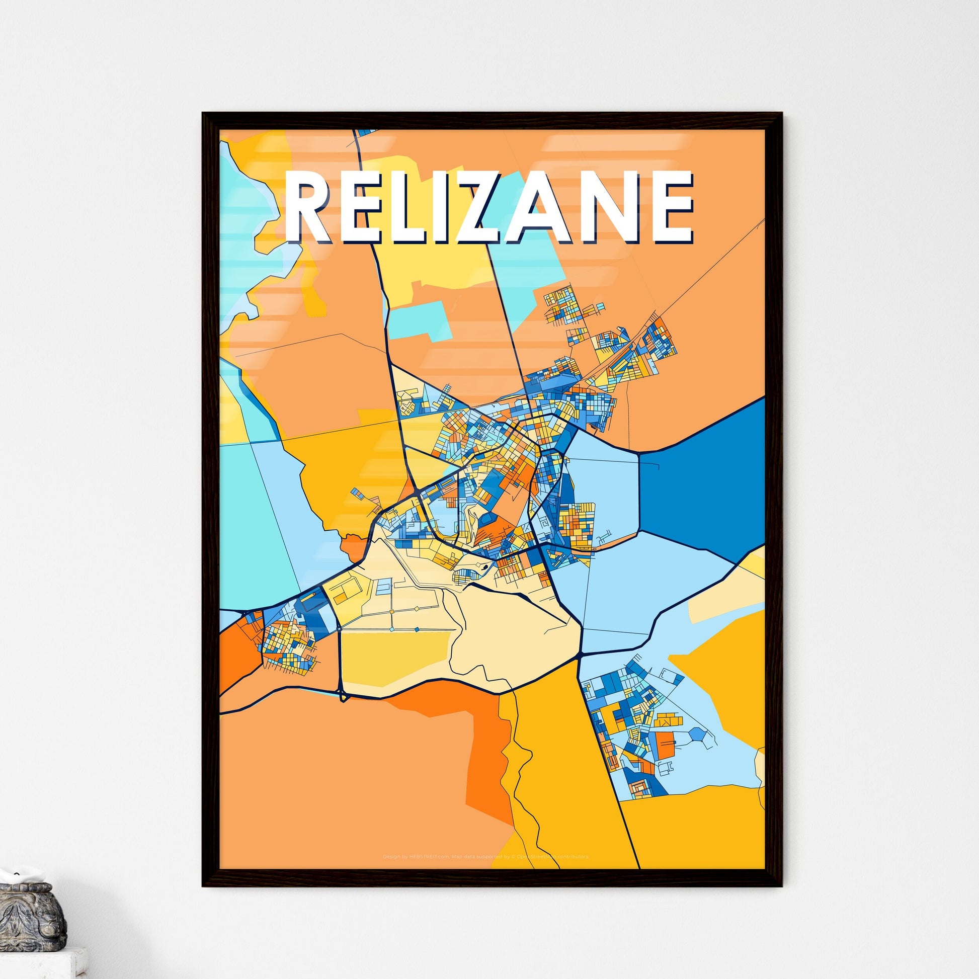 RELIZANE ALGERIA Vibrant Colorful Art Map Poster Blue Orange