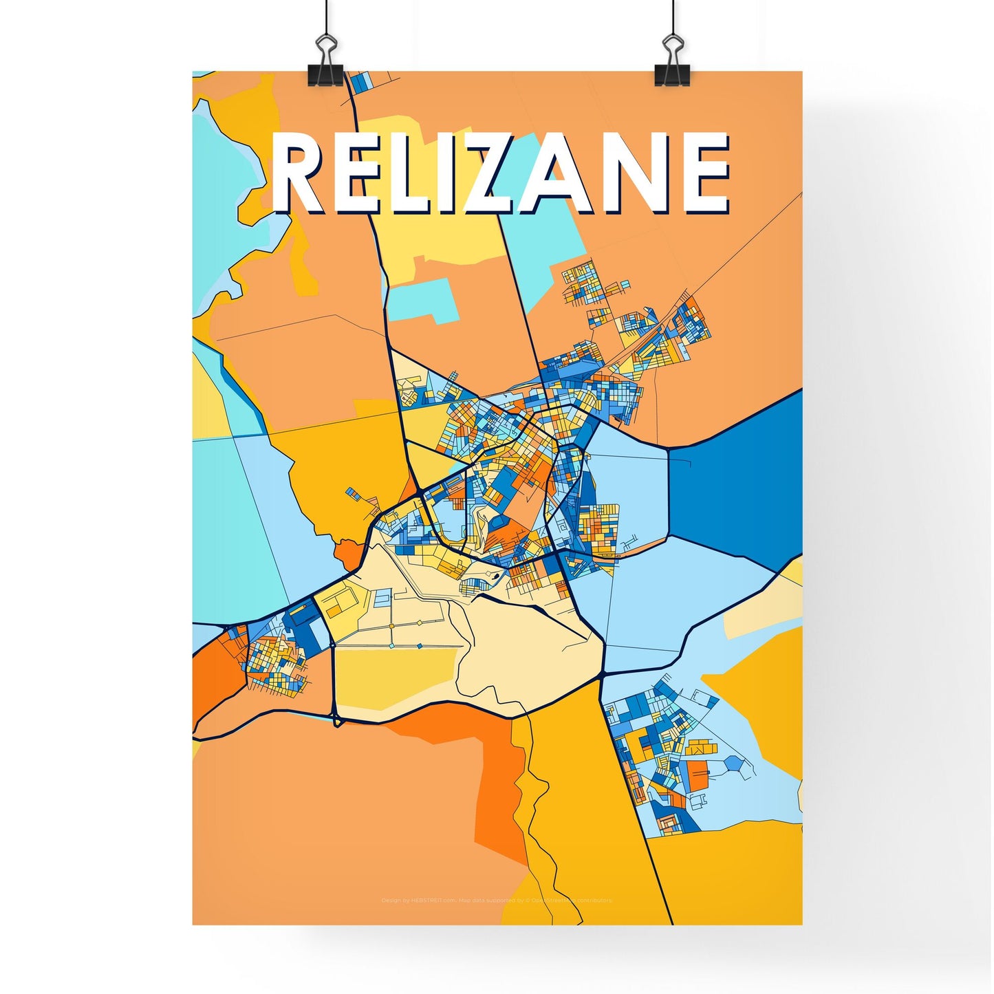 RELIZANE ALGERIA Vibrant Colorful Art Map Poster Blue Orange