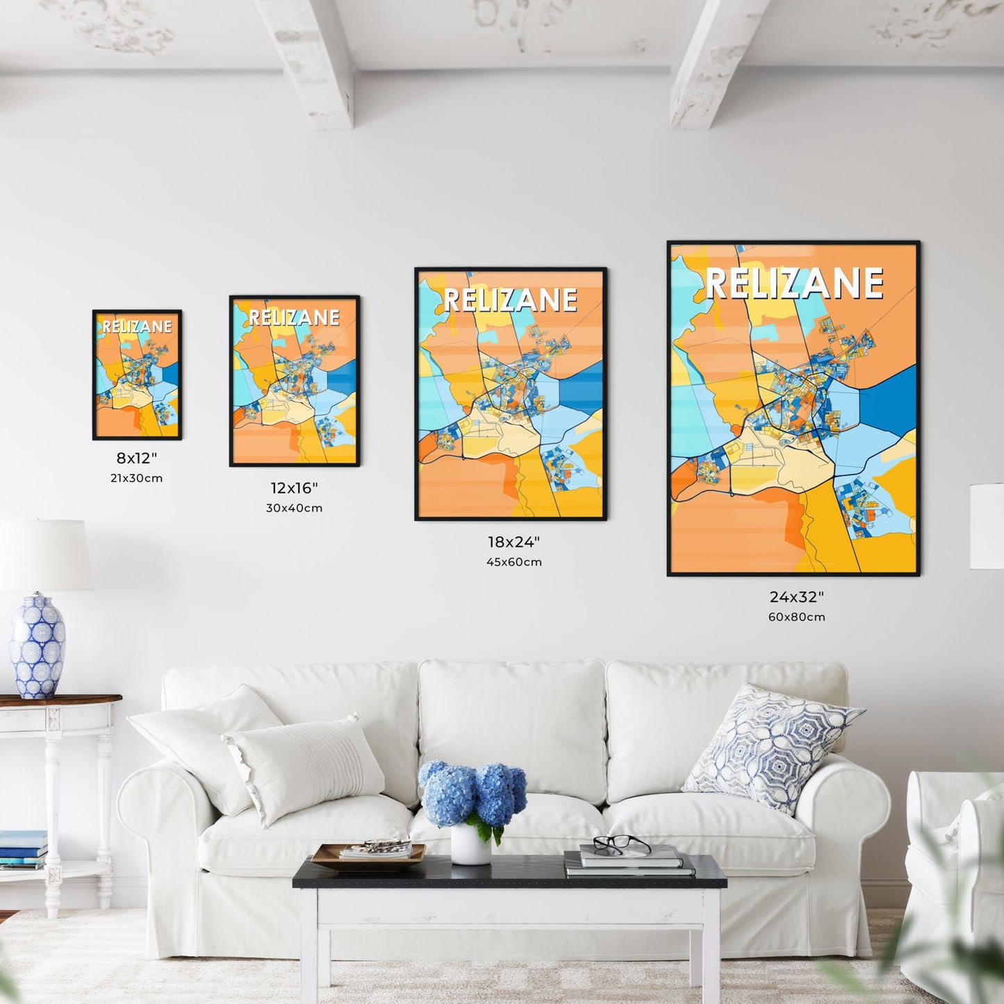 RELIZANE ALGERIA Vibrant Colorful Art Map Poster Blue Orange