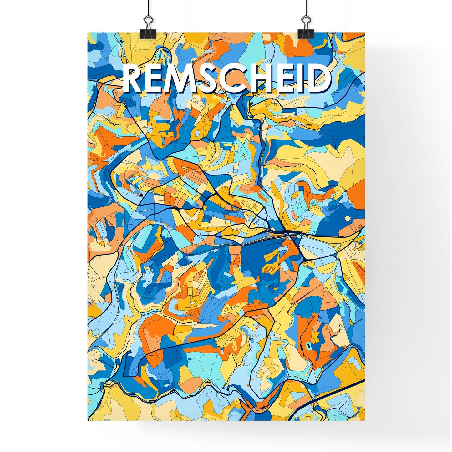 REMSCHEID GERMANY Vibrant Colorful Art Map Poster Blue Orange