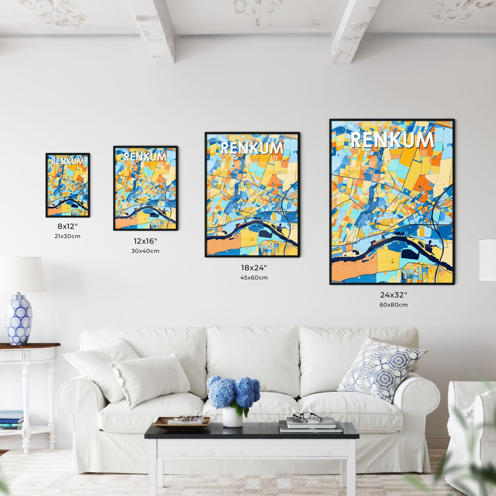 RENKUM NETHERLANDS Vibrant Colorful Art Map Poster Blue Orange