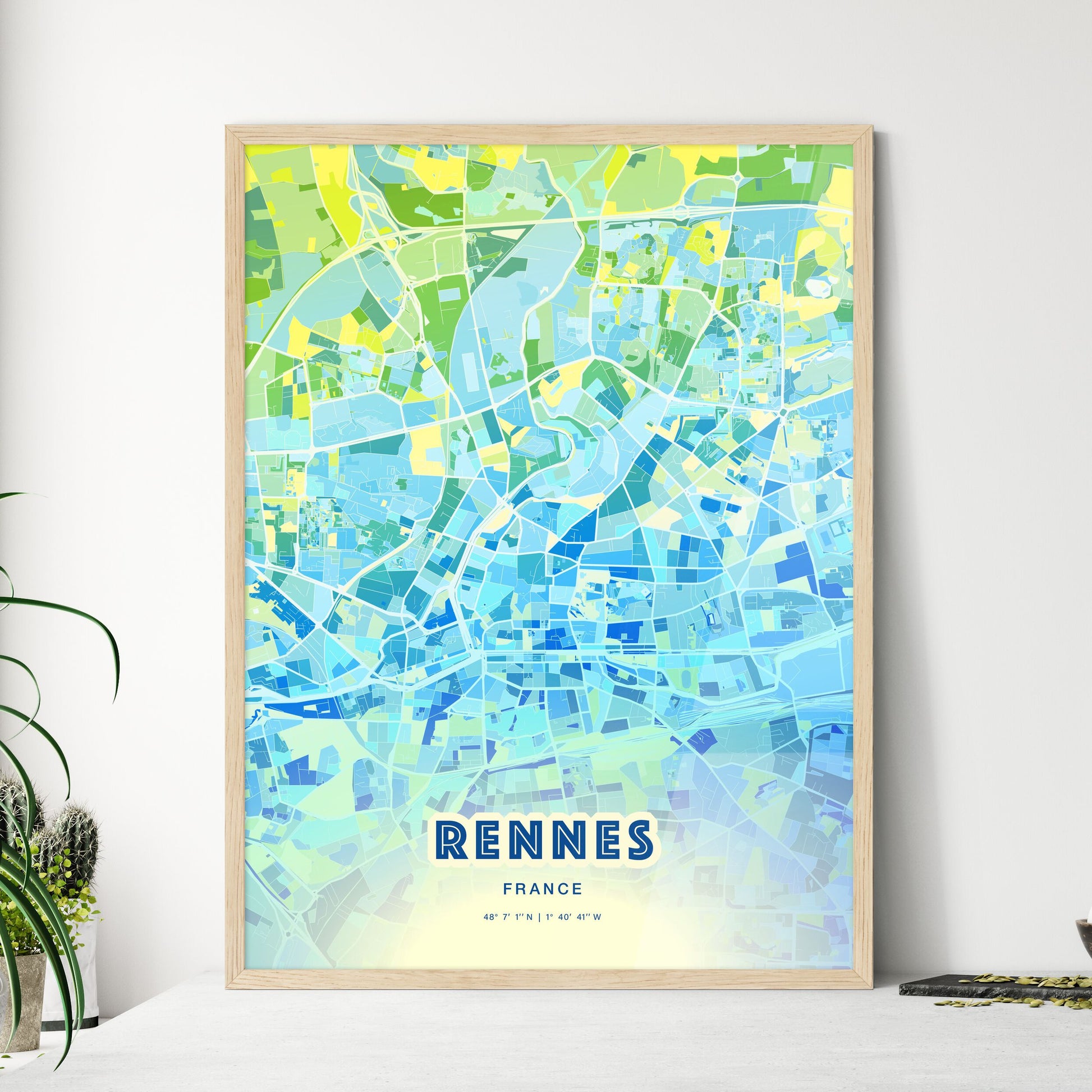 Colorful Rennes France Fine Art Map Cool Blue