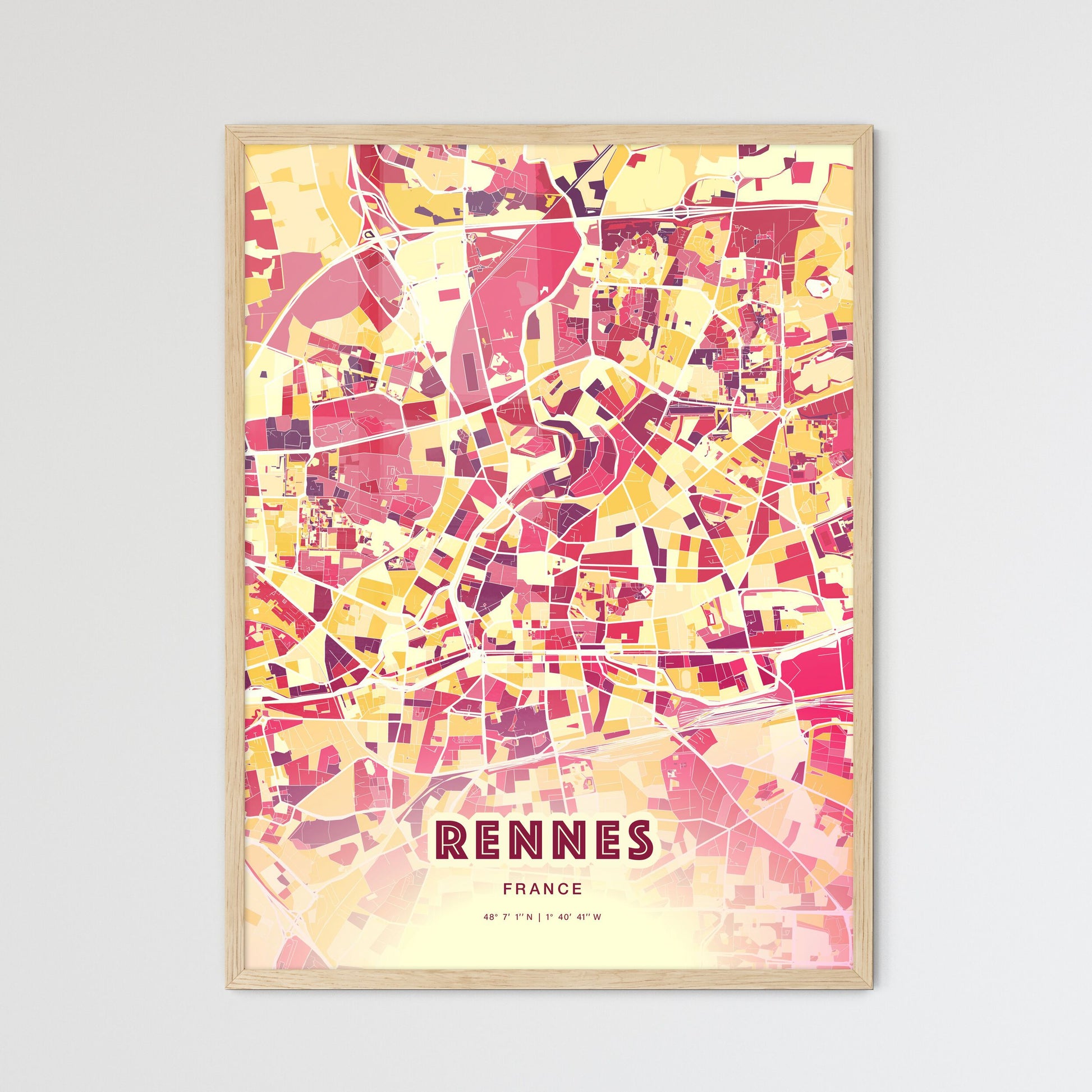 Colorful Rennes France Fine Art Map Hot Red