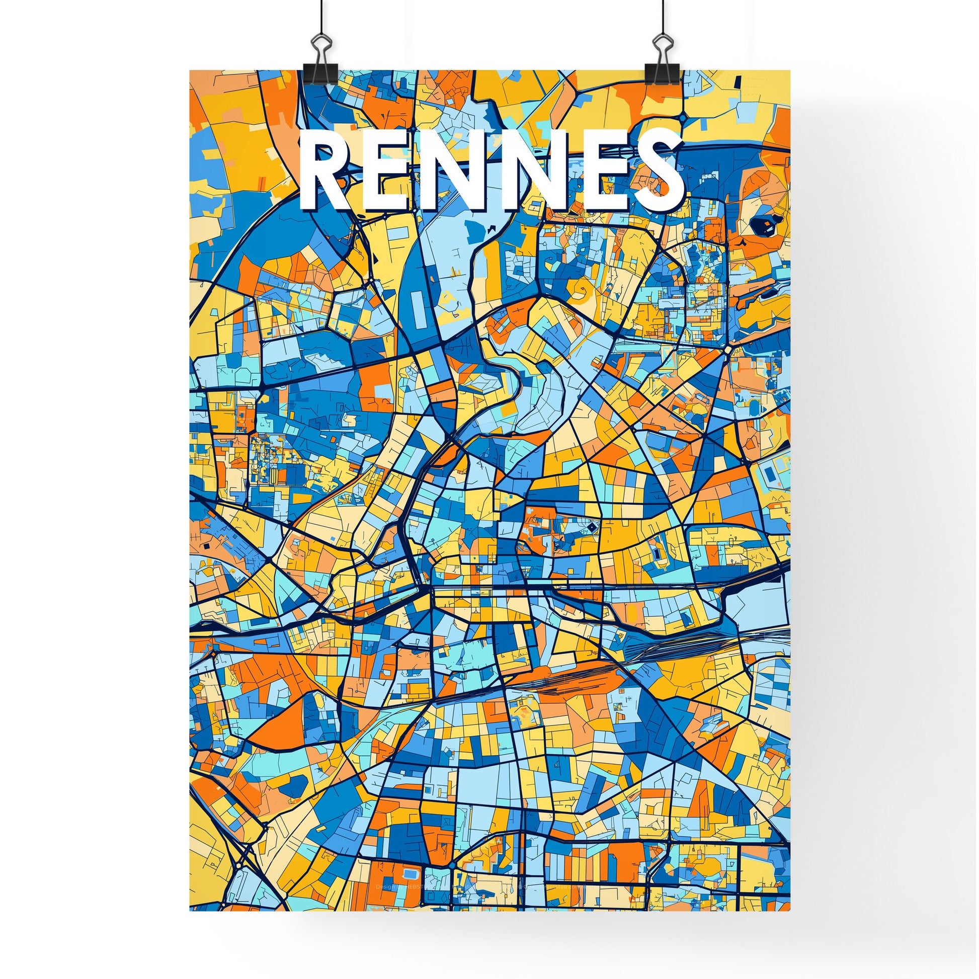 RENNES FRANCE Vibrant Colorful Art Map Poster Blue Orange