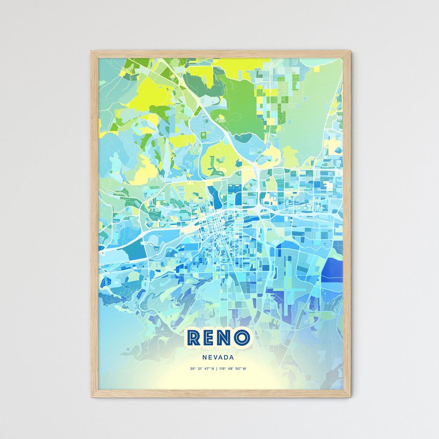 Colorful Reno Nevada Fine Art Map Cool Blue