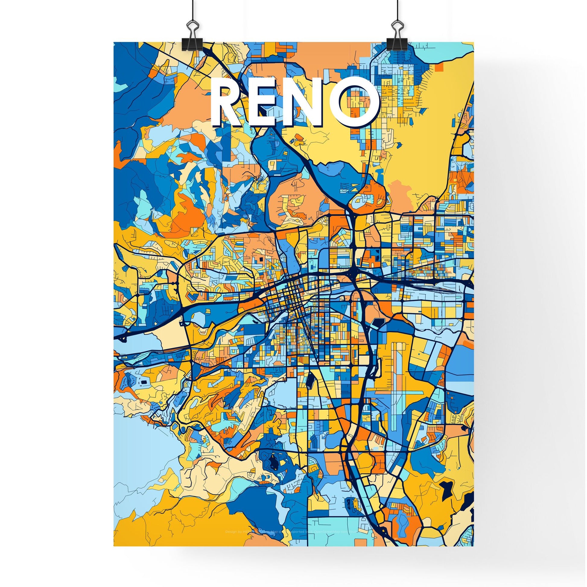 RENO NEVADA Vibrant Colorful Art Map Poster Blue Orange