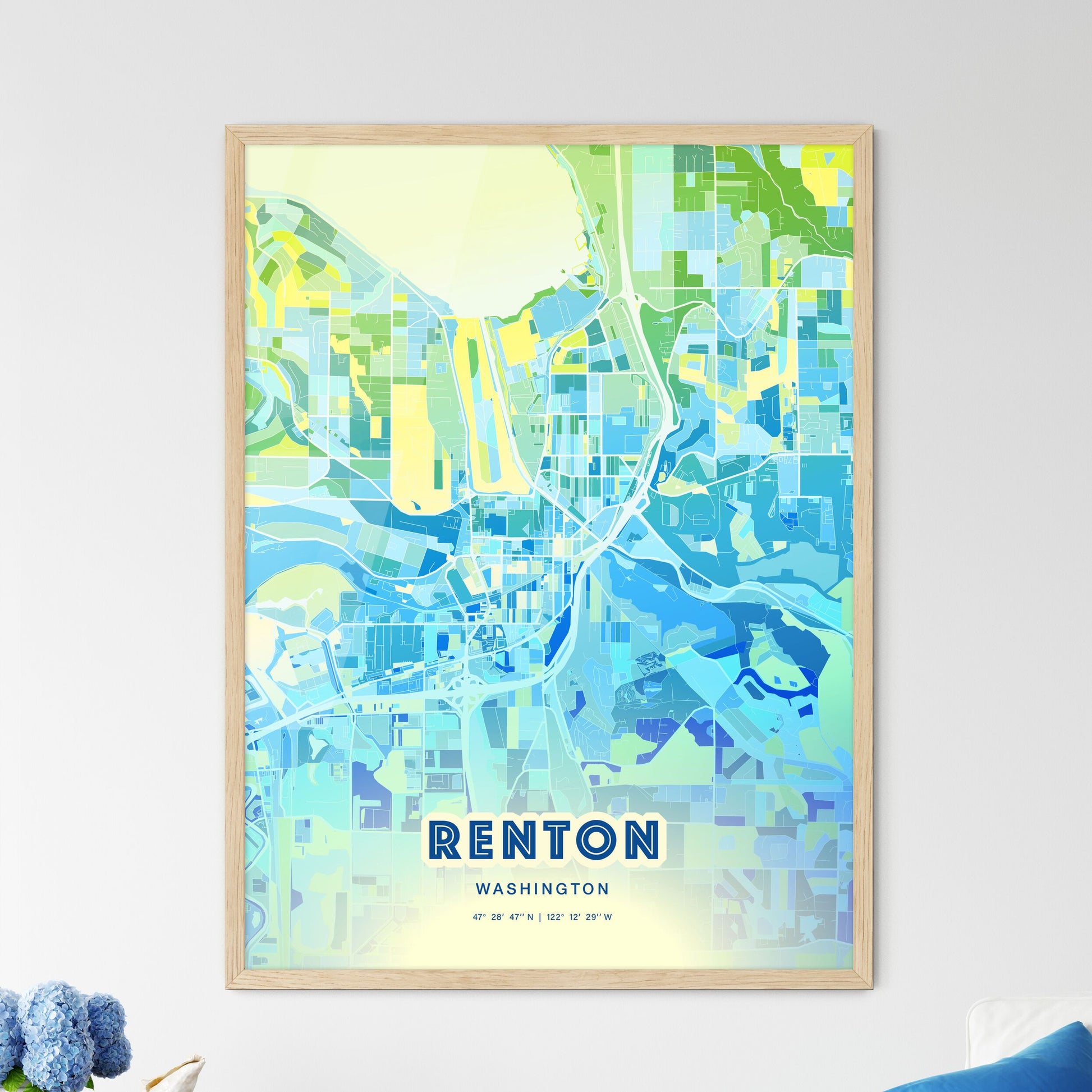 Colorful Renton Washington Fine Art Map Cool Blue