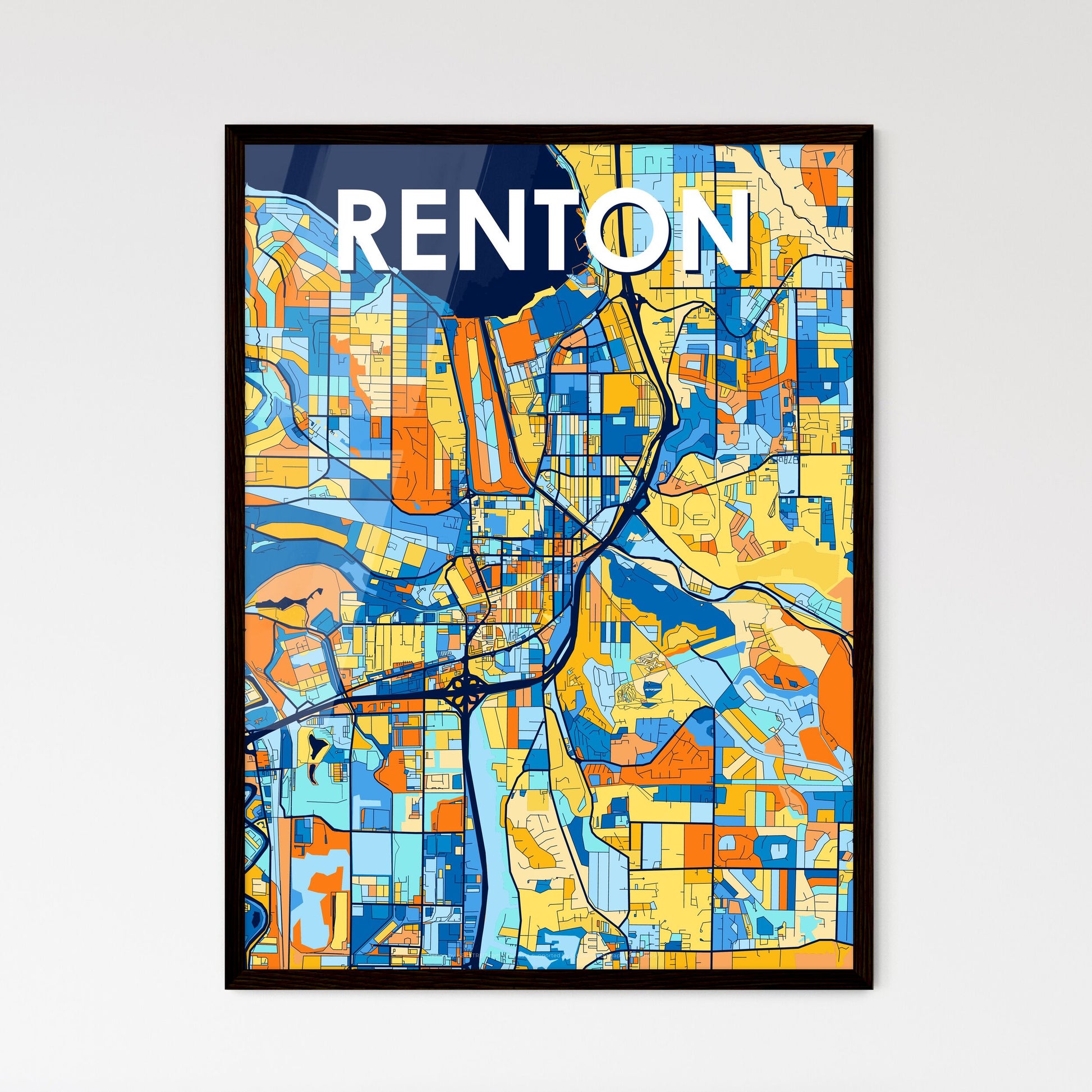 RENTON WASHINGTON Vibrant Colorful Art Map Poster Blue Orange