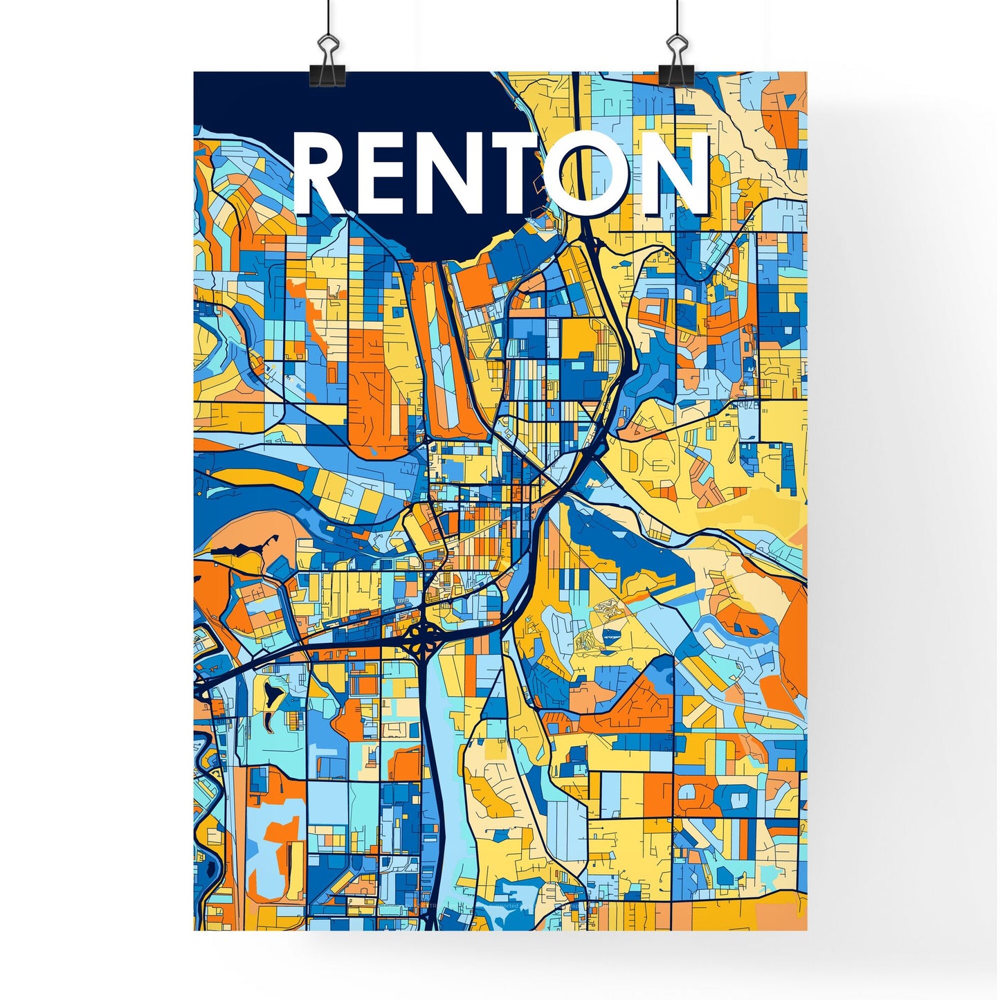 RENTON WASHINGTON Vibrant Colorful Art Map Poster Blue Orange