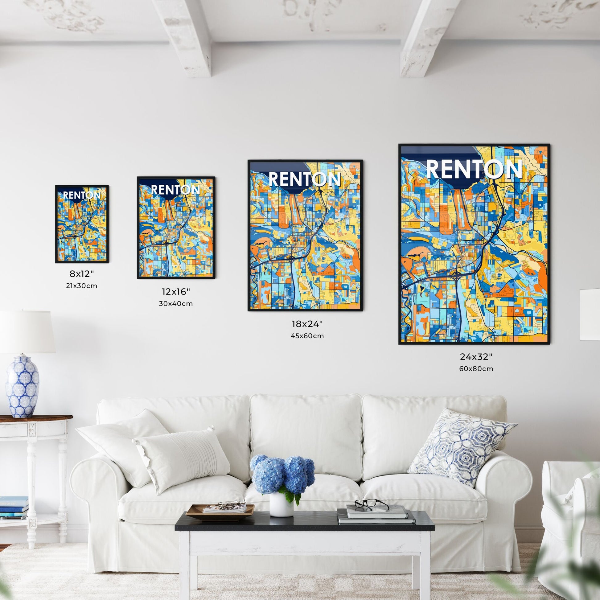 RENTON WASHINGTON Vibrant Colorful Art Map Poster Blue Orange