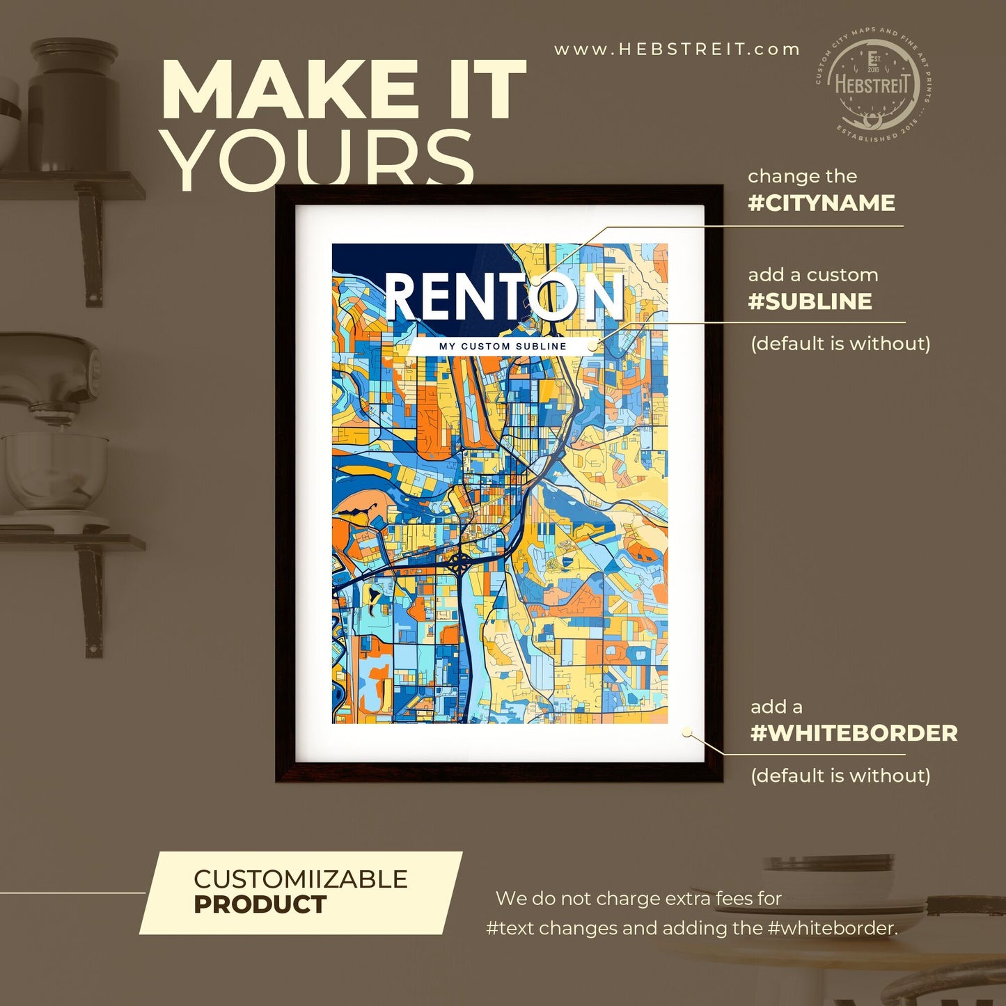 RENTON WASHINGTON Vibrant Colorful Art Map Poster Blue Orange