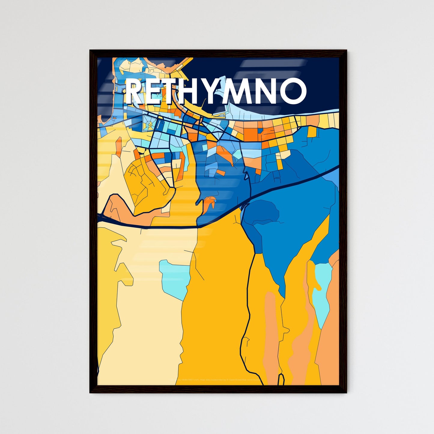 RETHYMNO GREECE Vibrant Colorful Art Map Poster Blue Orange