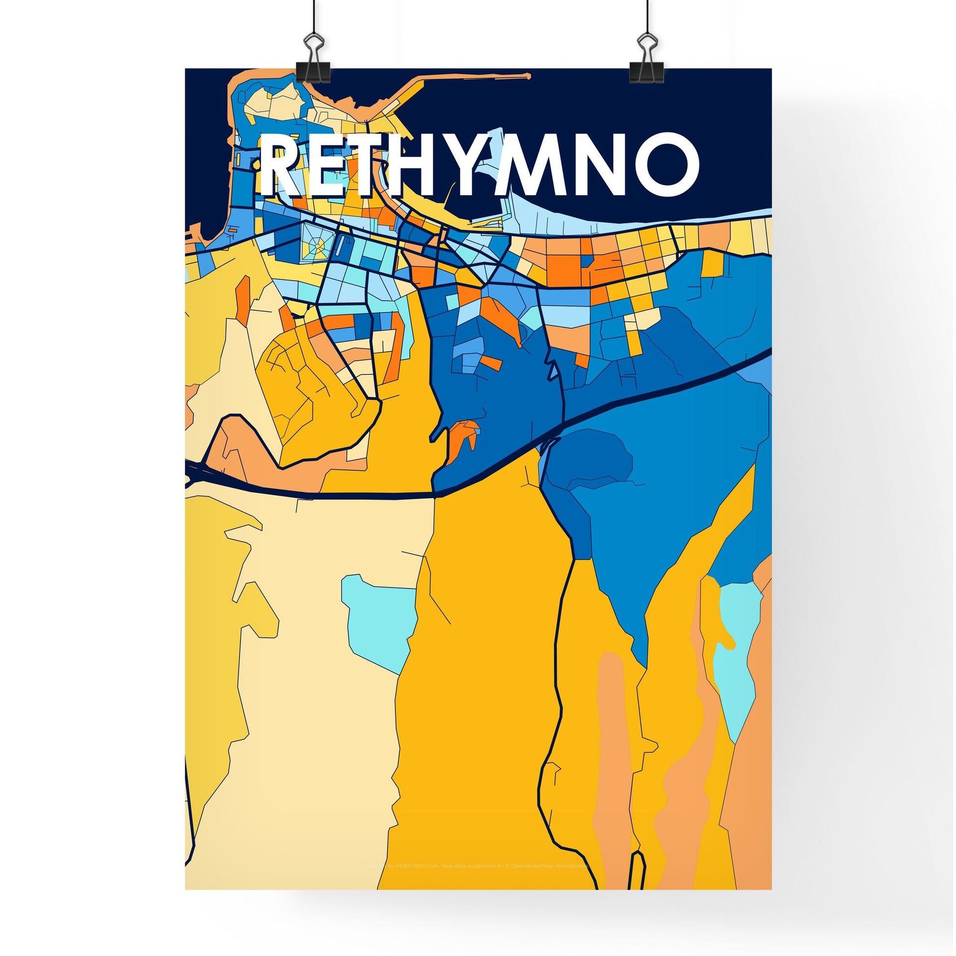 RETHYMNO GREECE Vibrant Colorful Art Map Poster Blue Orange