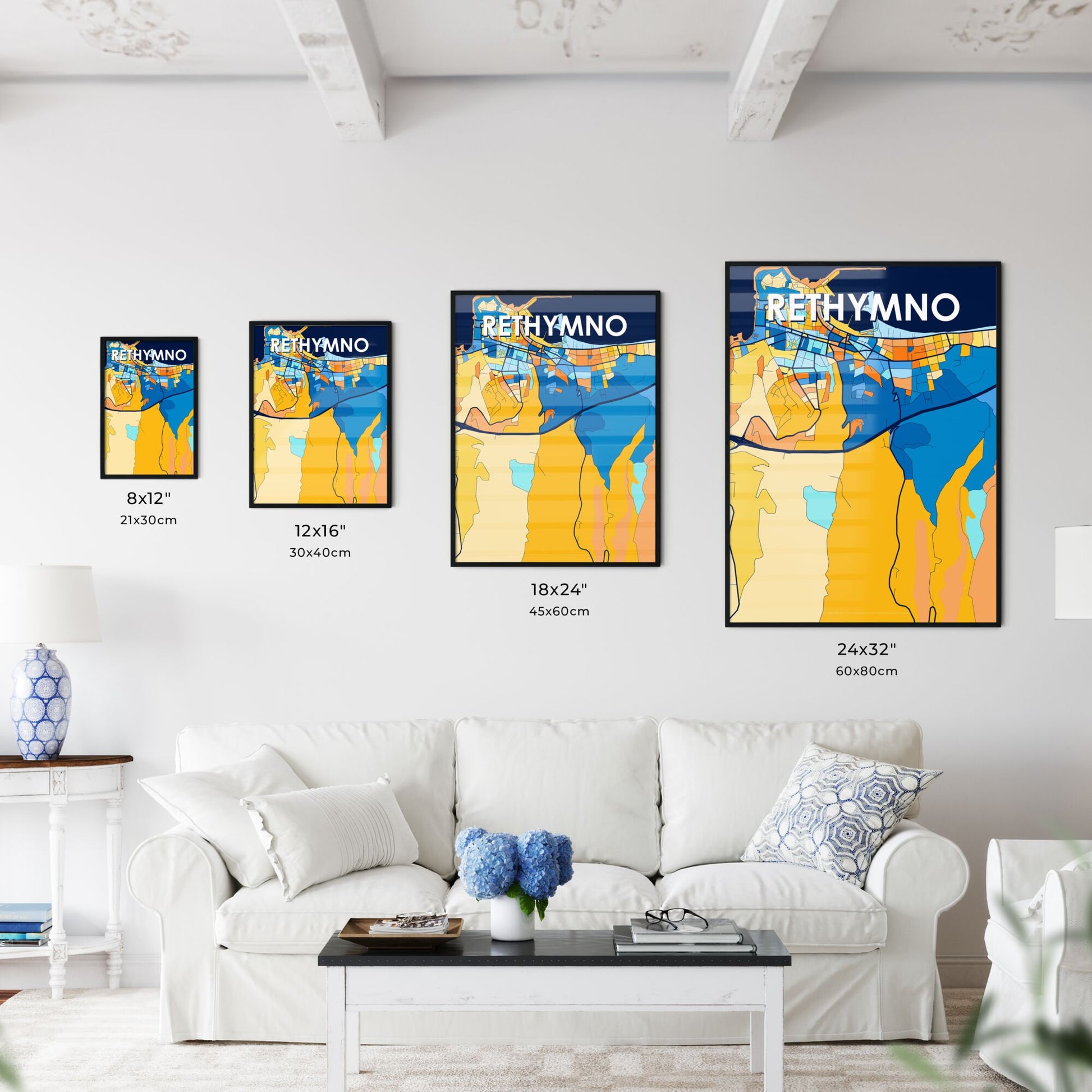 RETHYMNO GREECE Vibrant Colorful Art Map Poster Blue Orange