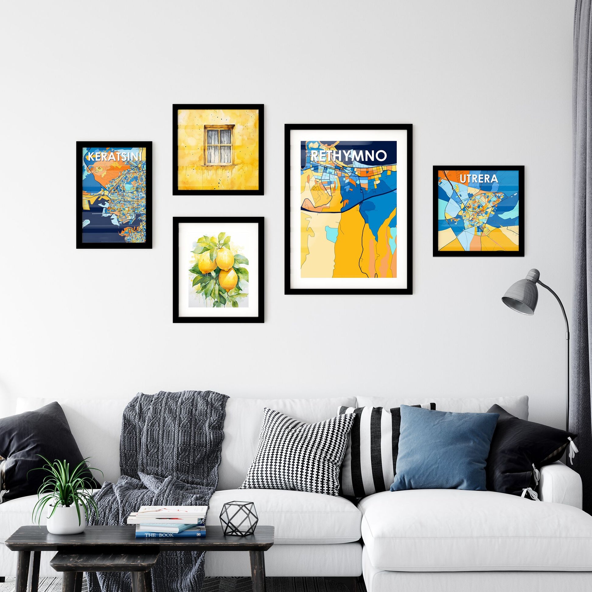 RETHYMNO GREECE Vibrant Colorful Art Map Poster Blue Orange