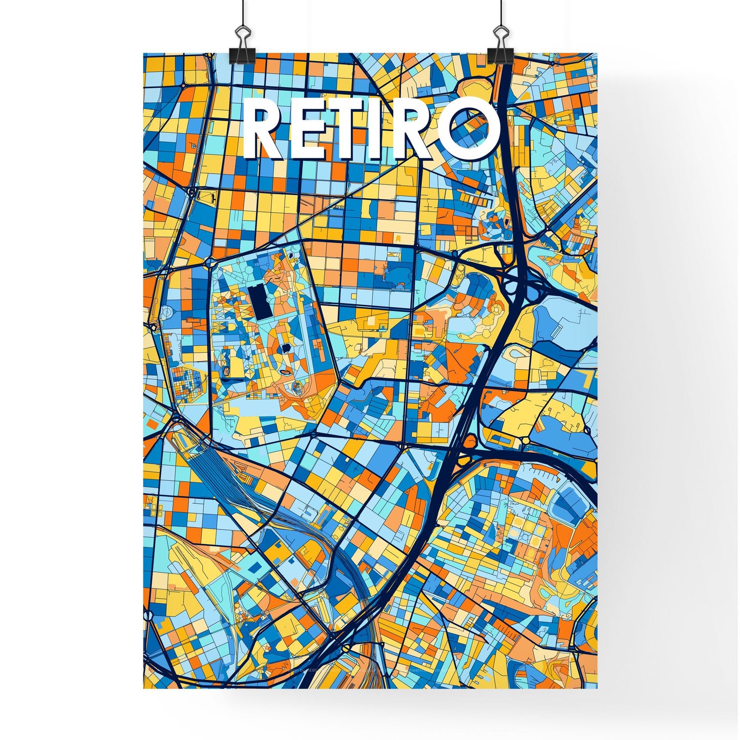 RETIRO SPAIN Vibrant Colorful Art Map Poster Blue Orange