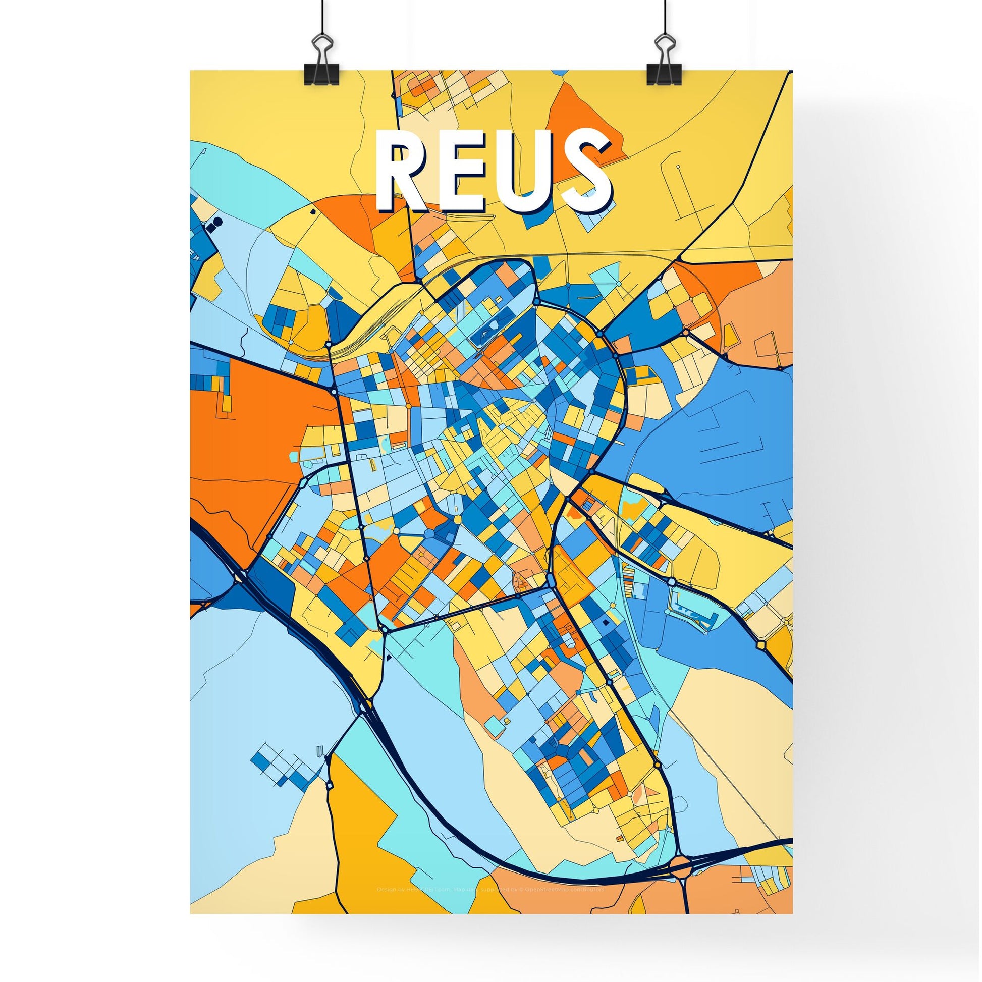 REUS SPAIN Vibrant Colorful Art Map Poster Blue Orange