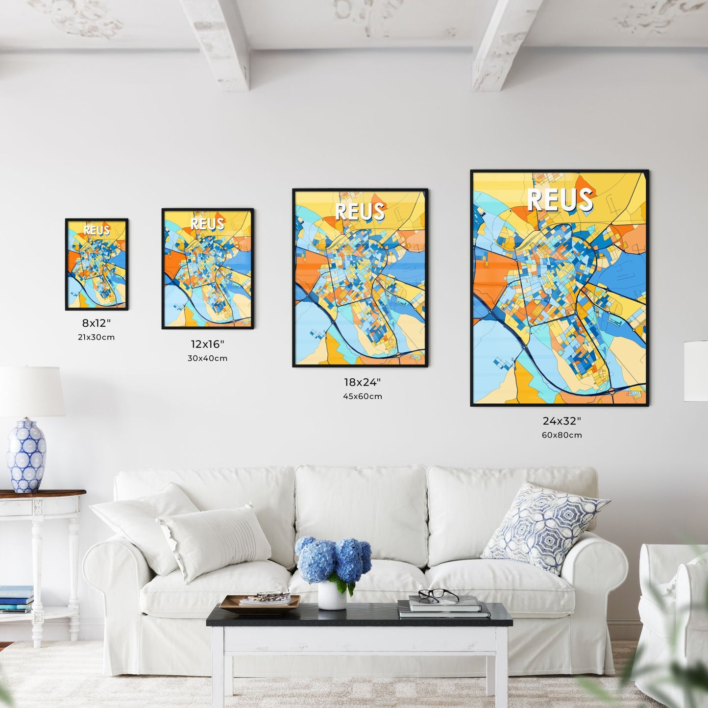 REUS SPAIN Vibrant Colorful Art Map Poster Blue Orange