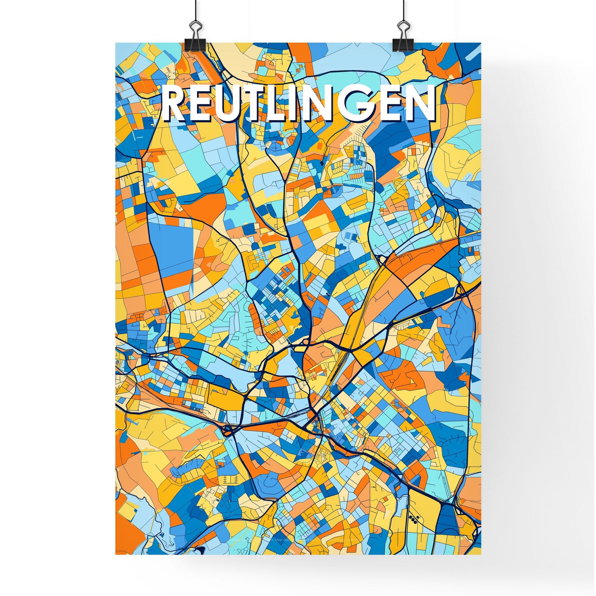 REUTLINGEN GERMANY Vibrant Colorful Art Map Poster Blue Orange