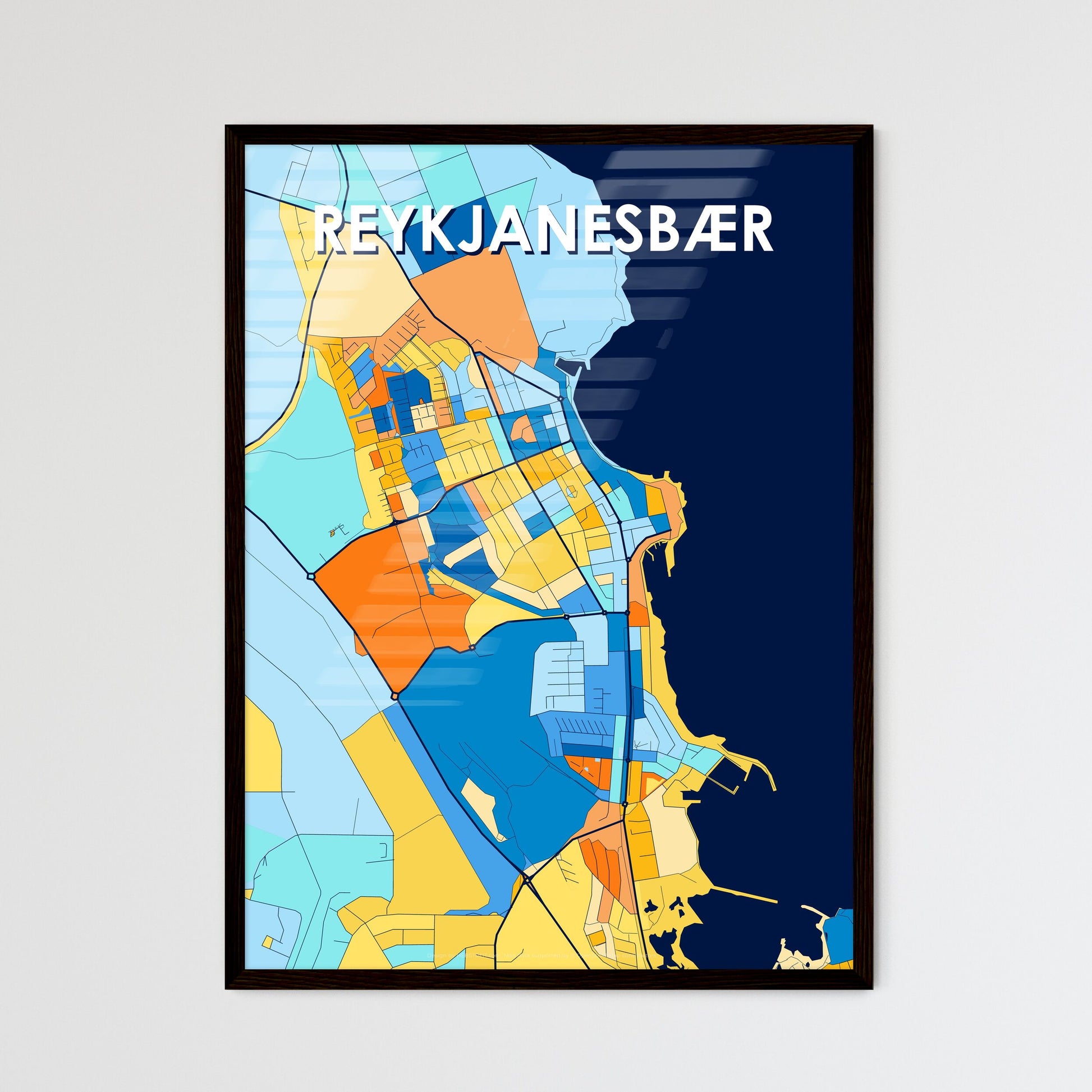 REYKJANESBÆR ICELAND Vibrant Colorful Art Map Poster Blue Orange