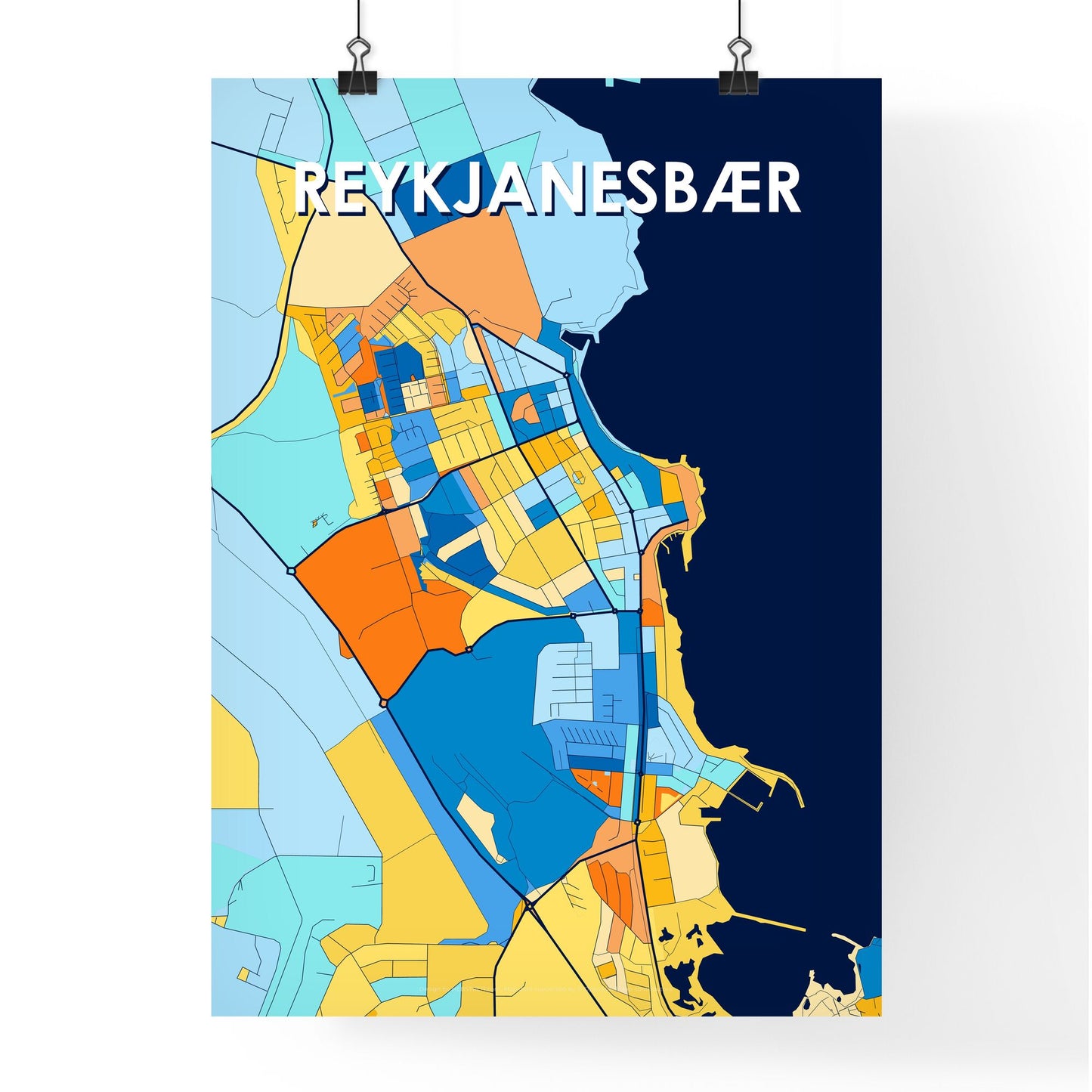 REYKJANESBÆR ICELAND Vibrant Colorful Art Map Poster Blue Orange