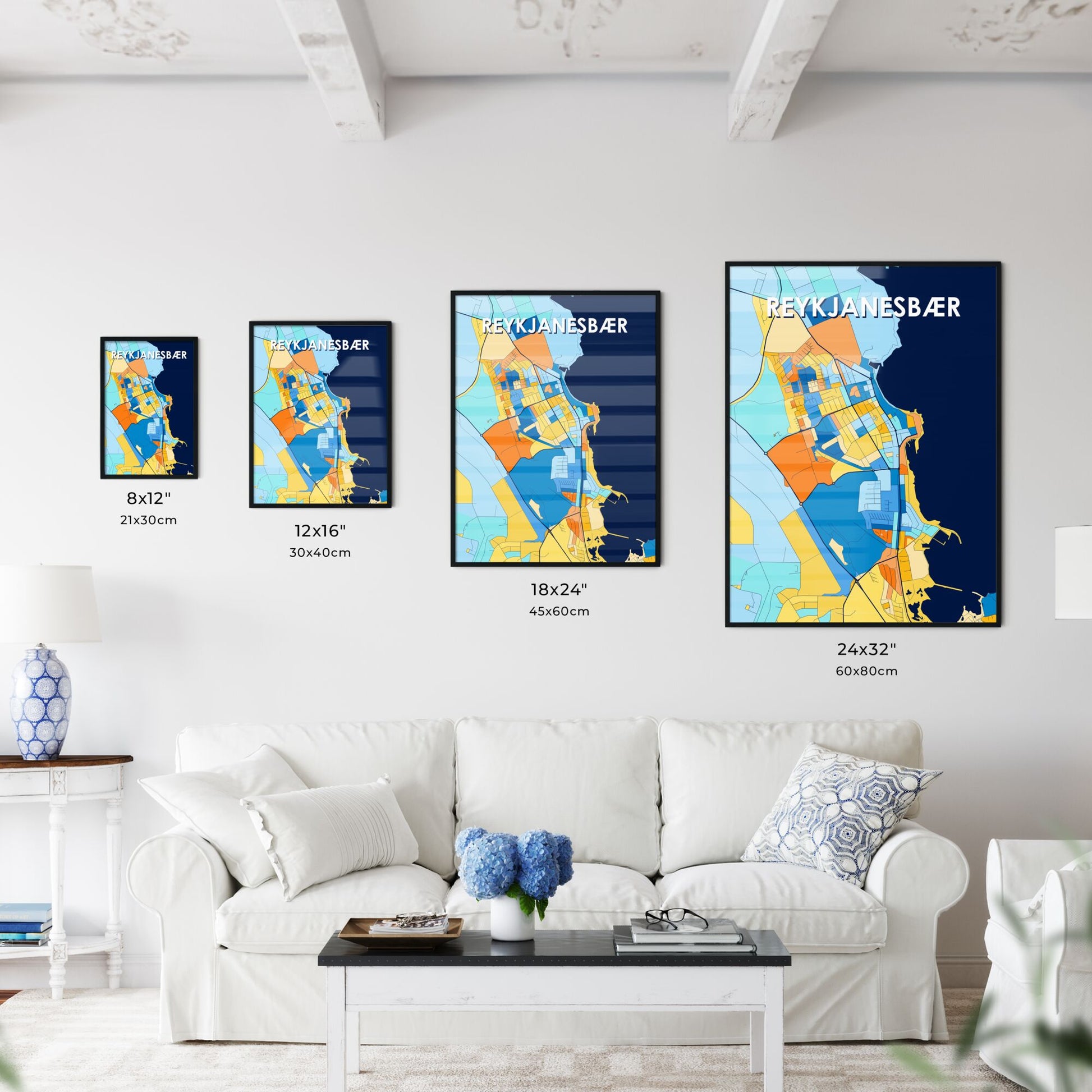 REYKJANESBÆR ICELAND Vibrant Colorful Art Map Poster Blue Orange