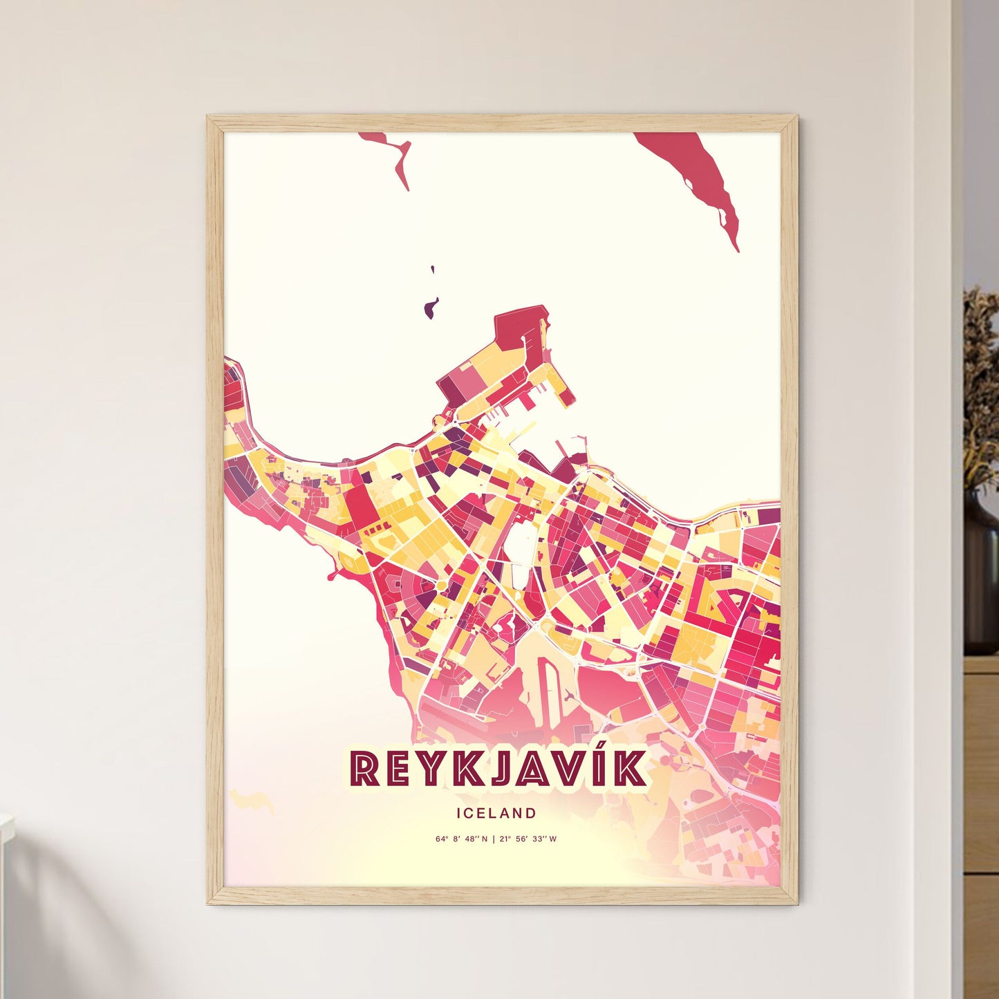 Colorful Reykjavík Iceland Fine Art Map Hot Red