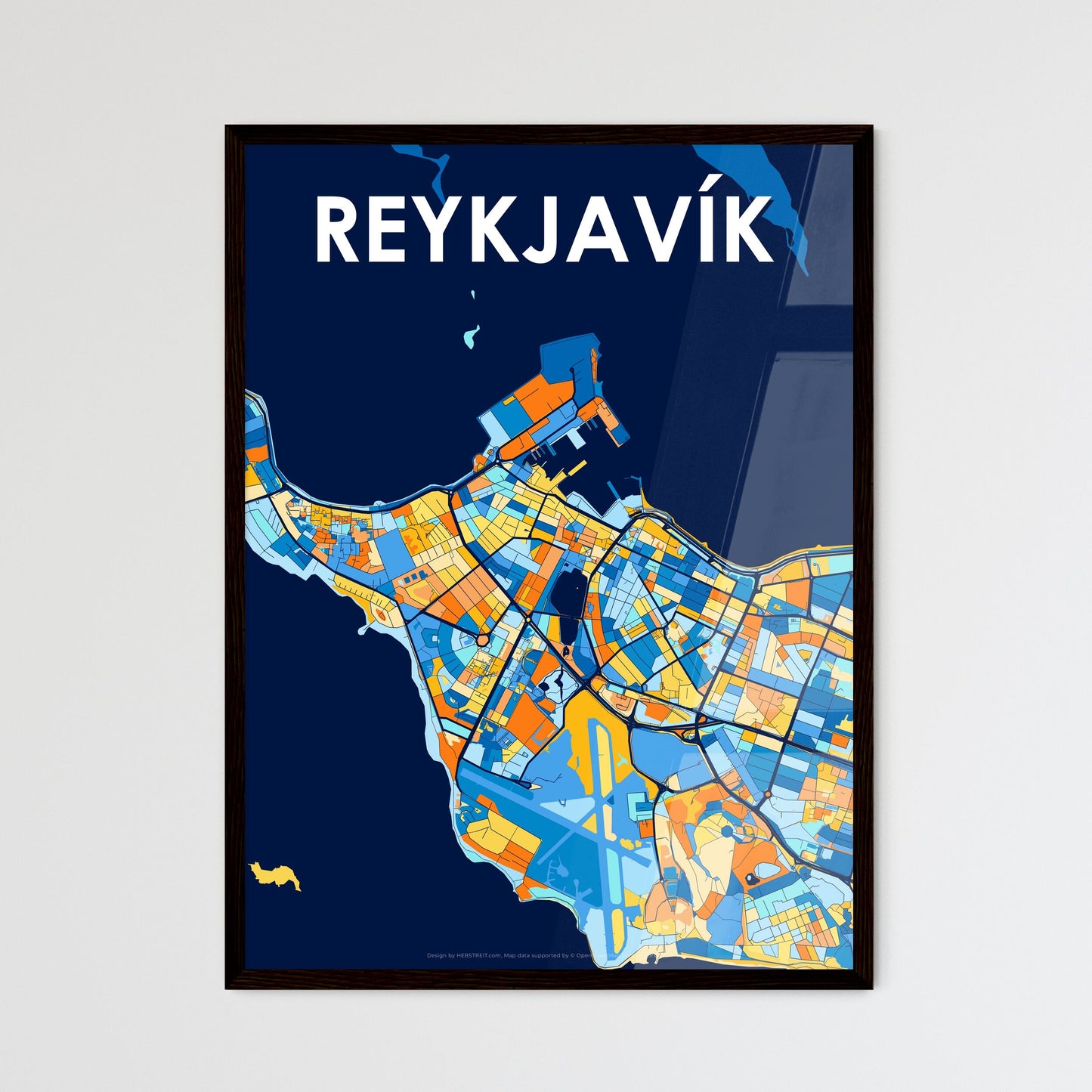 REYKJAVÍK ICELAND Vibrant Colorful Art Map Poster Blue Orange