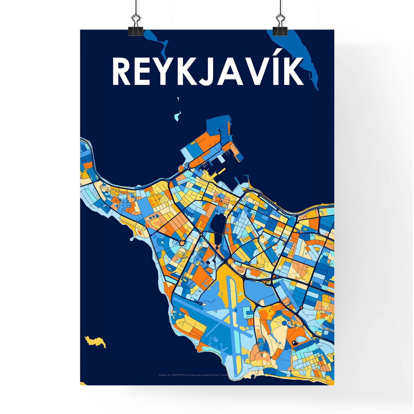 REYKJAVÍK ICELAND Vibrant Colorful Art Map Poster Blue Orange