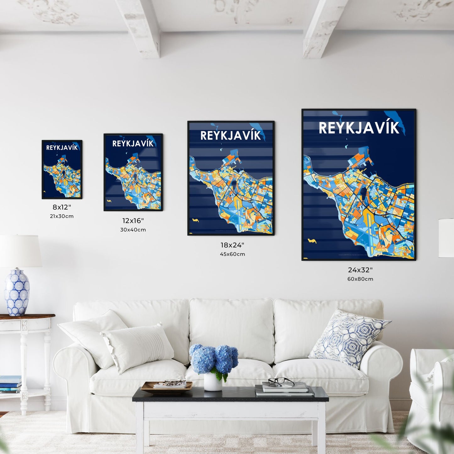 REYKJAVÍK ICELAND Vibrant Colorful Art Map Poster Blue Orange