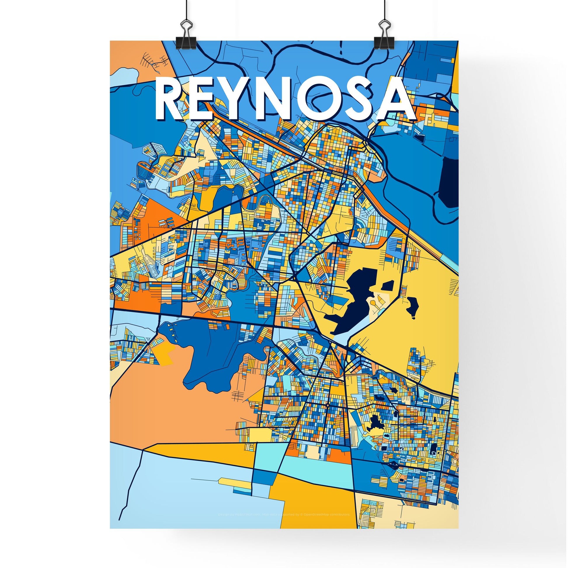 REYNOSA MEXICO Vibrant Colorful Art Map Poster Blue Orange