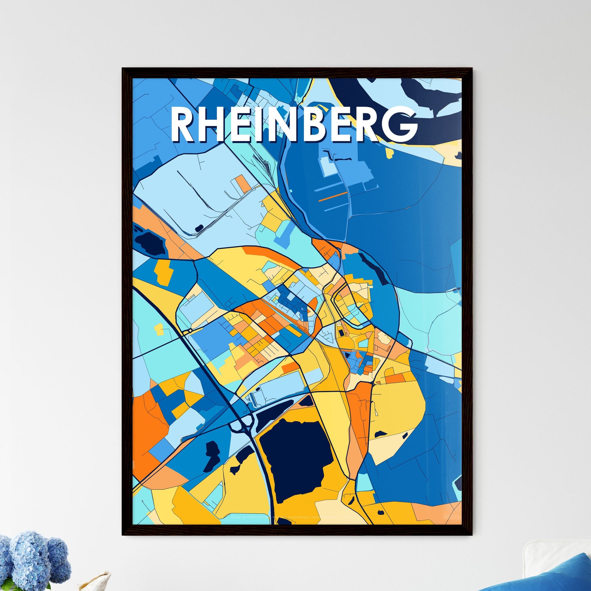 RHEINBERG GERMANY Vibrant Colorful Art Map Poster Blue Orange