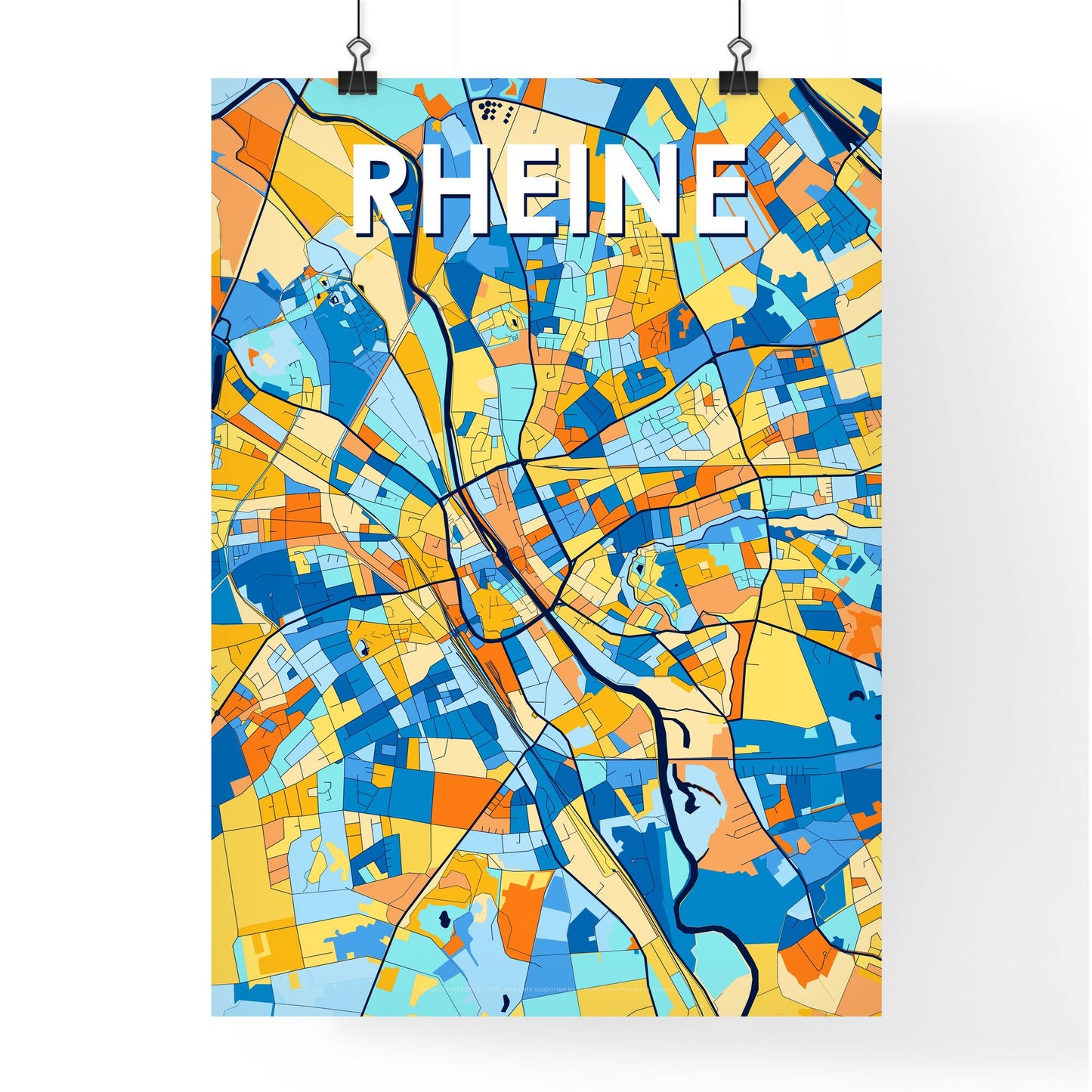 RHEINE GERMANY Vibrant Colorful Art Map Poster Blue Orange