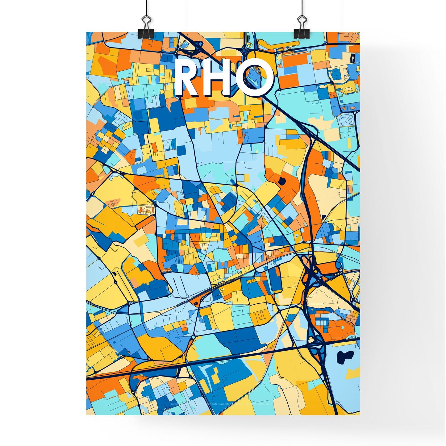 RHO ITALY Vibrant Colorful Art Map Poster Blue Orange